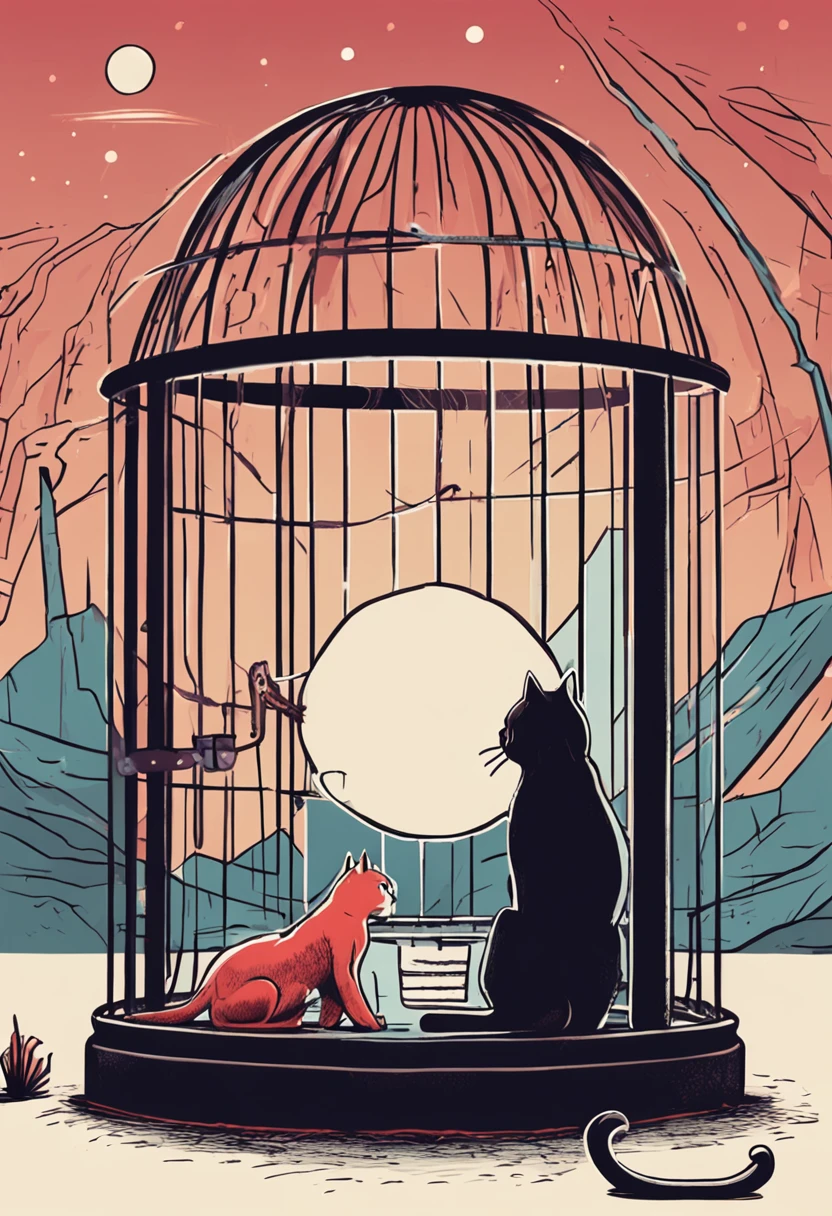 Giant cat playing with a cage with a person inside, landscape from another world, unknown planet.