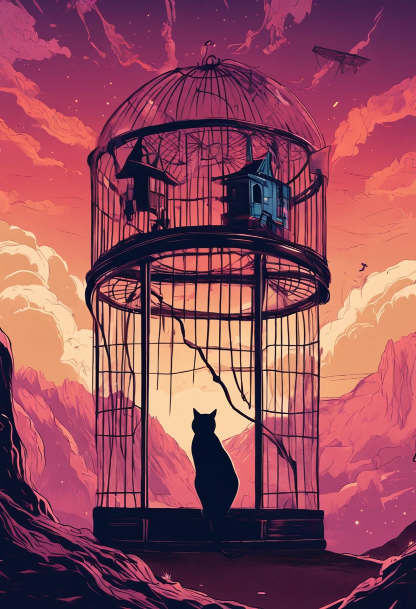 Giant cat playing with a cage with a person inside, landscape from another world, unknown planet.