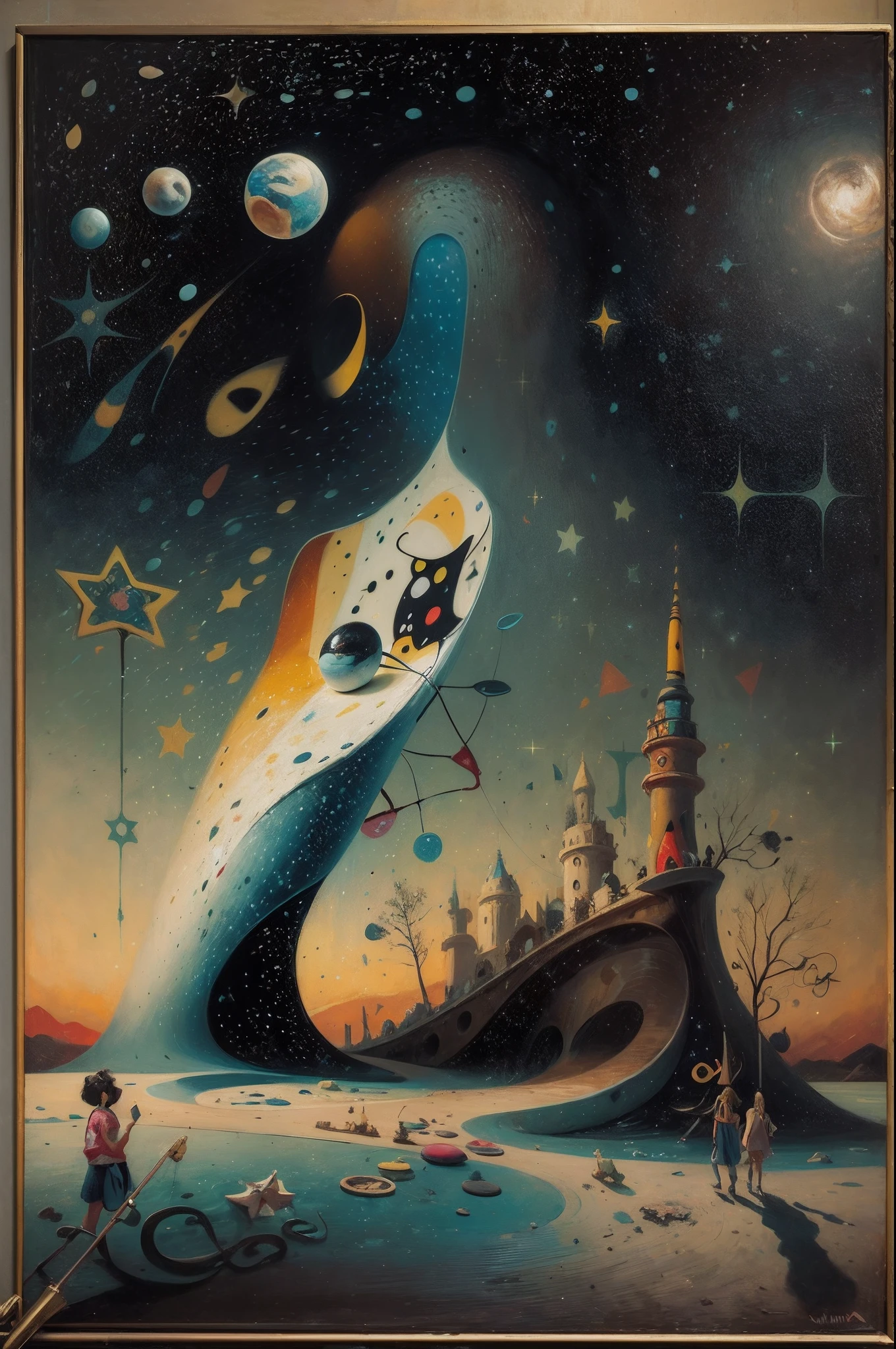 (((Joan Miró's Signature Style))) (masterpiece, highest quality), (realistic, photo_realistic:1.9), ((Artistic Rendering)) A depiction in the style of Joan Miró showcasing an endless celestial expanse on a starry night. The representation should carry a vintage style with a grain filter, viewed from a low angle and illuminated by natural light. sharp focus, 8k, UHD, high quality, intricate detailed, highly detailed, hyper-realistic