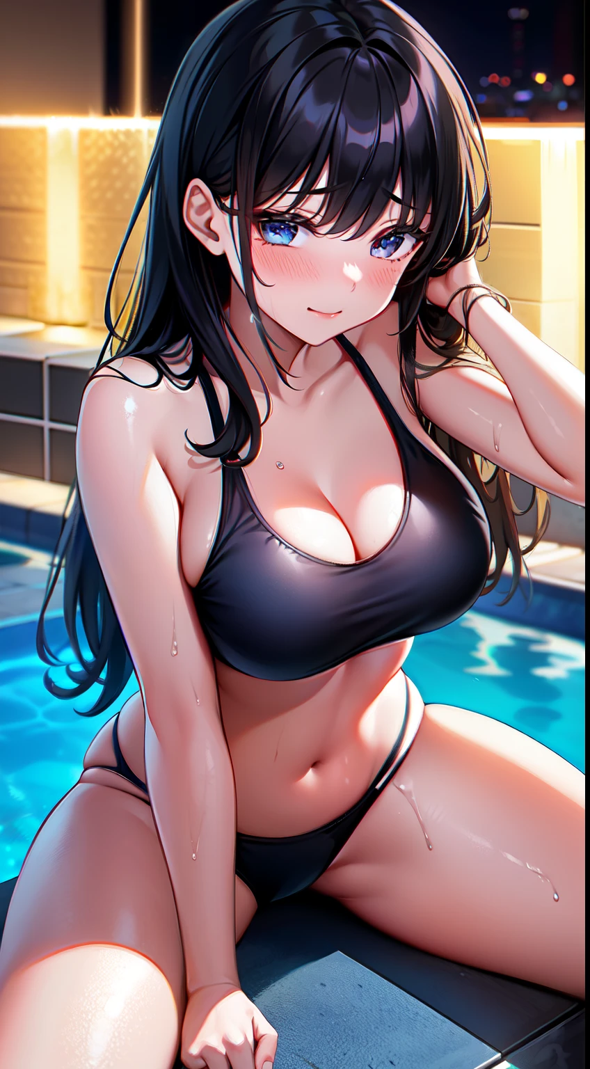 Highest quality, 16k masterpiece, high detail background, lit up pool background, nighttime, solo, focus on face, one girl,18 years old, school swimsuit, black longhair, cute face, blushing intensely, nervous, legs spread wide, unfolded , curvy, sexy, cute, slender body, medium breasts, permed hair, tying back hair, wet body, teasing viewer, teen