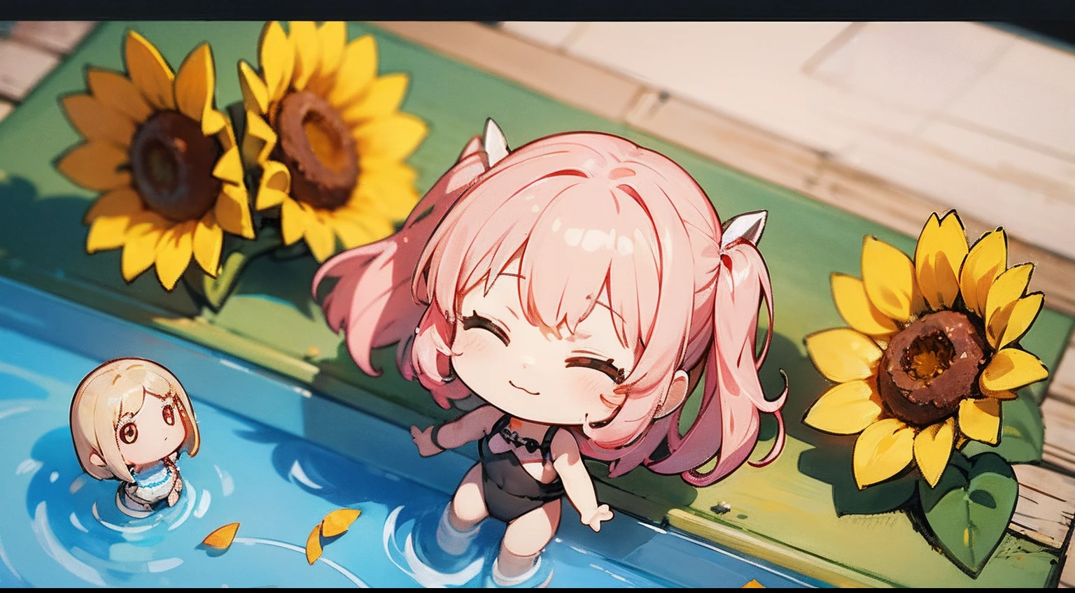 photoRealstic、Top Text Says "Code Angel"、Doll standing in front of the painting、swim wears、laugh face、Water droplets on the cheeks、Selfie Pose、spreading arms widely、、Sengai、pixiv、rokoko、dollfie dream、watercolor Nendoroid、(High Definition Figure)、flowing sakura-colored silk、nendroid、Write、Sunflower petals、season!!: 夏☀ 🍂 ヒマワリ