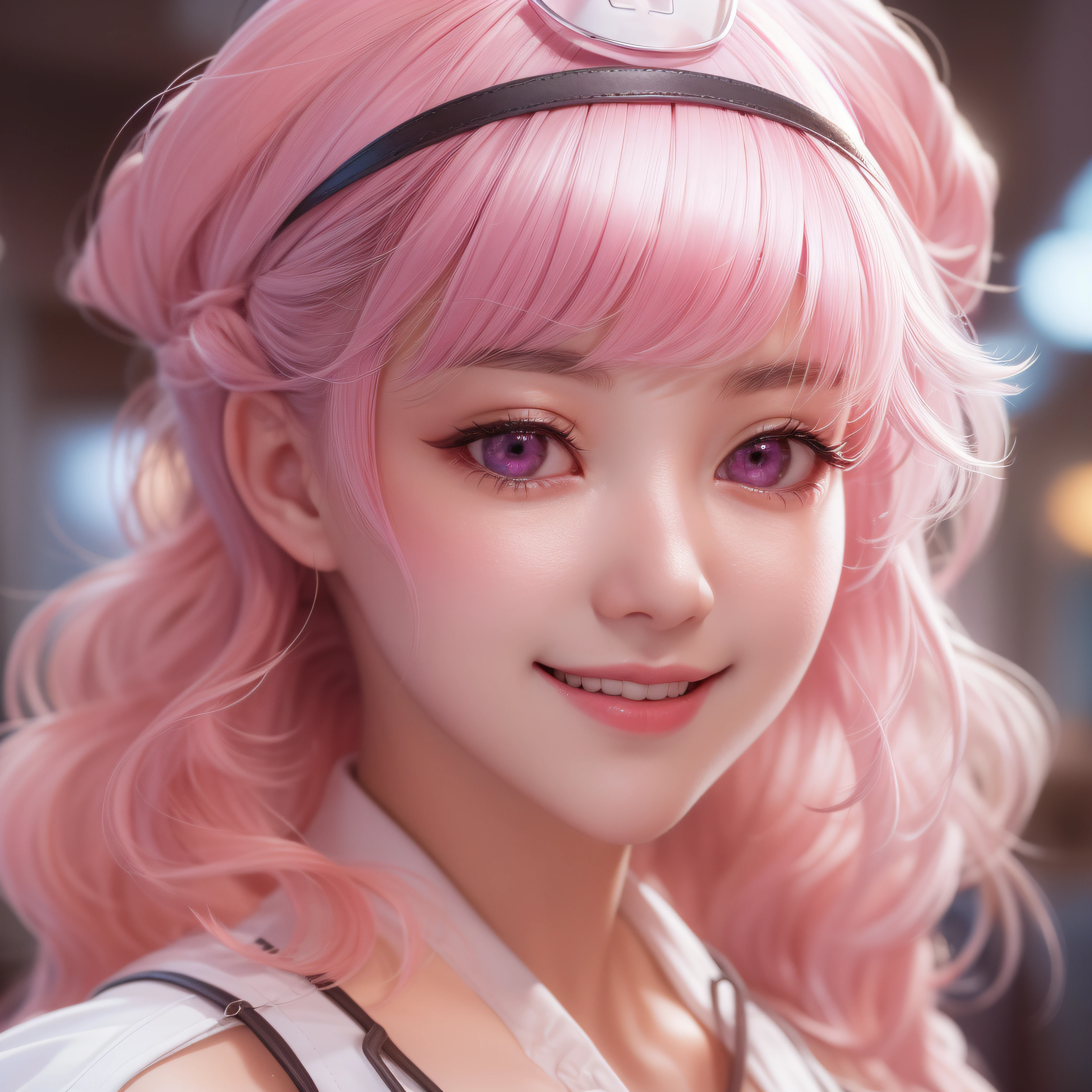 Close up of a smile with the corners of the mouth raised、Nurse、Nurse Costume、Cosplay、(realisitic、hight resolution)、(1 girl in)、Nurse、Do-Up Eye、Korean Girl、(Best Quality), (masutepiece), (1girl in), Solo, a beauty girl, Perfect face, Big Breast,dreamlikeart、Highly detailed airbrush art((Surreal))、Volumetric lighting、(top-quality)、The ultra-detailliert、(The composition of the movement:1.4)、Highly detailed colorful details、(Bright lighting)、dynamic compositions、Ray traching、The mirror reflects light、Shallow depth of field、ultra-detailliert、mixing  exposure、nffsw、Her eyes are glowing pink、Staring at the pink sea。Her pink face is full of anticipation and courage for a nurse.、A smile appears on the lips of a nurse。 At the rear、The sun is slowly tilting to the west。Its light brings nurse light to the sea surface、The swaying waves create a beautiful scene。Her eyes are clearly glowing pink。Lots of pink