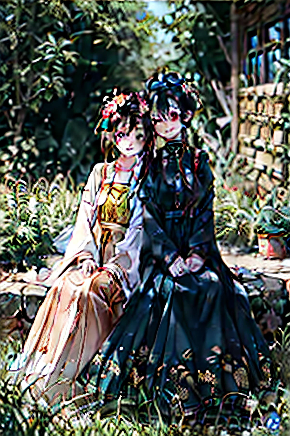 Two girls sitting in an embrace, look at each other, one with peach hair and red eyes, Another brunette with blue eyes, dressed in short dresses, Smile