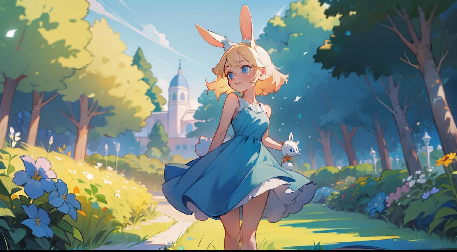 blond hair, blue eyes, rabbit ears, rabbit tail, short pink sundress, bending over, leaning over, garden, palace, long hair, smile, lake, underwear visible, from