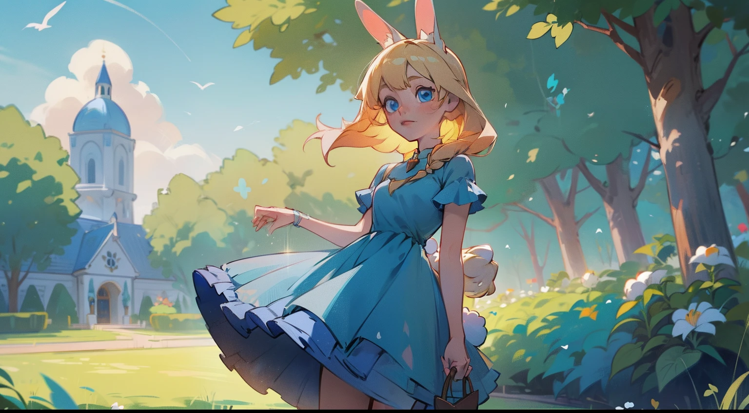 bunny girl, rabbit girl, pale skin, blond hair, rabbit tail, blue eyes, garden, blue dress, sunshine, beautiful, best quality, masterpiece