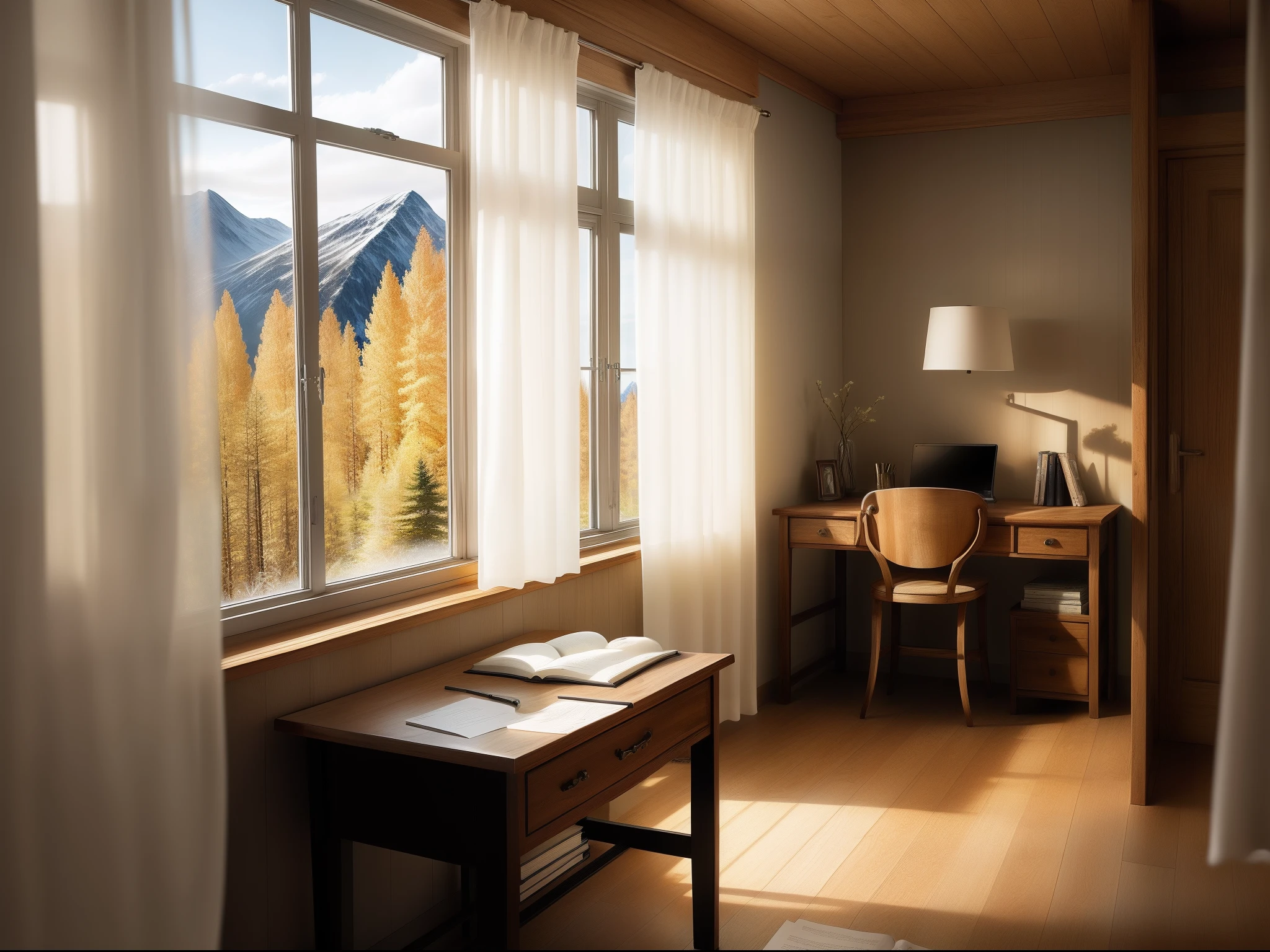 Study room for book lovers Wooden Desk window White curtains Man's retreat Scandinavian forest can be seen from the window Mountain House