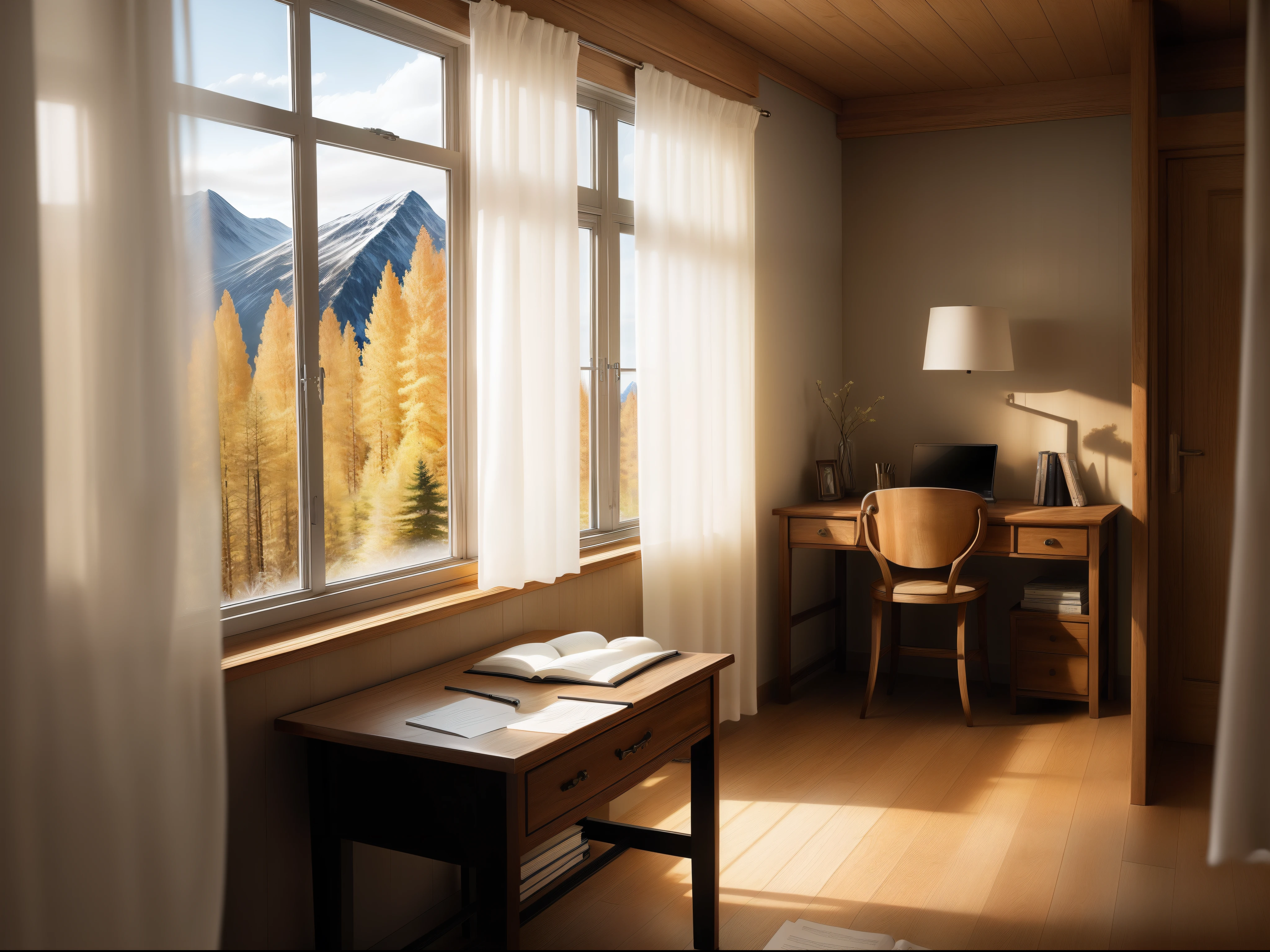 Study room for book lovers　Wooden Desk　window　White curtains　Man's retreat　Scandinavian forest can be seen from the window　Mountain House