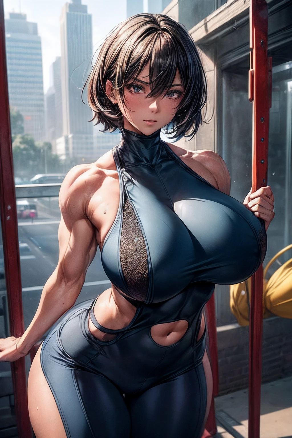 ((Best quality)), ((masutepiece)), ((highly intricate detail)),Beautiful, High quality, A high resolution, absurderes, light difussion, Intricate details, intricately details, ((anime big breast)), (anime big breast:1.2) , (Perfect face:1.3), extremely detailed eye, Colorful, highest details, Vibrant colors, High contrast, (8K UHD:1.2), (Photorealistic:1.2),(masutepiece:1.4), (Best quality:1.4), Realistic,medium breasts. Her physique is truly remarkable, bulging muscles,Ripple with the power. Her arms are adorned with immense biceps and sculpted triceps, Every muscle fiber has a definition、willful. Her contoured six-pack abs are、Proudly demonstrate dedication to physical strength, a testament to the hours spent honing her body to perfection. Wear workout clothes,Highlight her muscular form, she emanates an air of confidence and dominance. Beads of sweat cascade down her glistening skin, evidence of the intense physical exertion she undertakes. The gym serves as her domain, Push the body to its limits、A sacred space that transcends the boundaries of the seemingly possible. Short hair, beautiful colored hair, face flushed ,18+ face,face, ,wet mouth,NSFW Art, body curve, full sexy body, ((full bodyesbian)), full bodyesbian, Random Location, random pose position, Random Location, beauty shirt, (The upper part of the body_Body),(_Body:1.5), Perfect body, Pose, naughty girl, (tact:1),Tato in the belly, ((1girl in:1)), full bodyesbian, Dark skin, Human, ((full_Body)),((Busty:1.5)),short_Hair,(Tight_suit),(Dynamic_Pose),(Random_Pose),((Body_Construction workers:1.5))