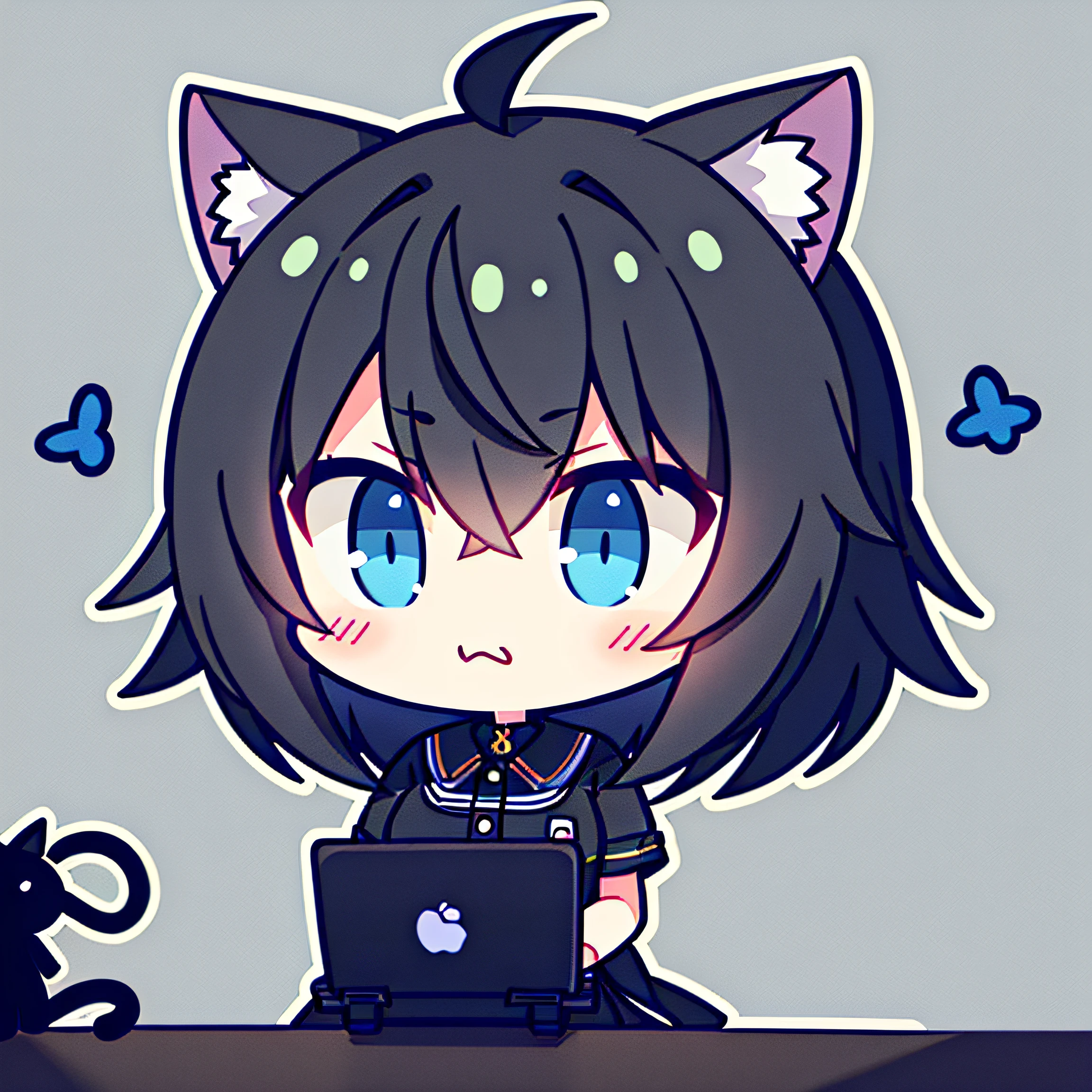Girl vs、tchibi、((Best quality, High_Resolution, distinct_image)),(Black hair), (Black cat ears), (ahoge), (absurdly short hair), (Wavy hair), (Blue eyes),scowling.From the face.a very cute、mideum breasts、(((The character looks tired,Eyes are blank or sleepy,((Sit in front of a laptop and operate)),The background tone may be dark,The overall impression of exhaustion and overtime。)))