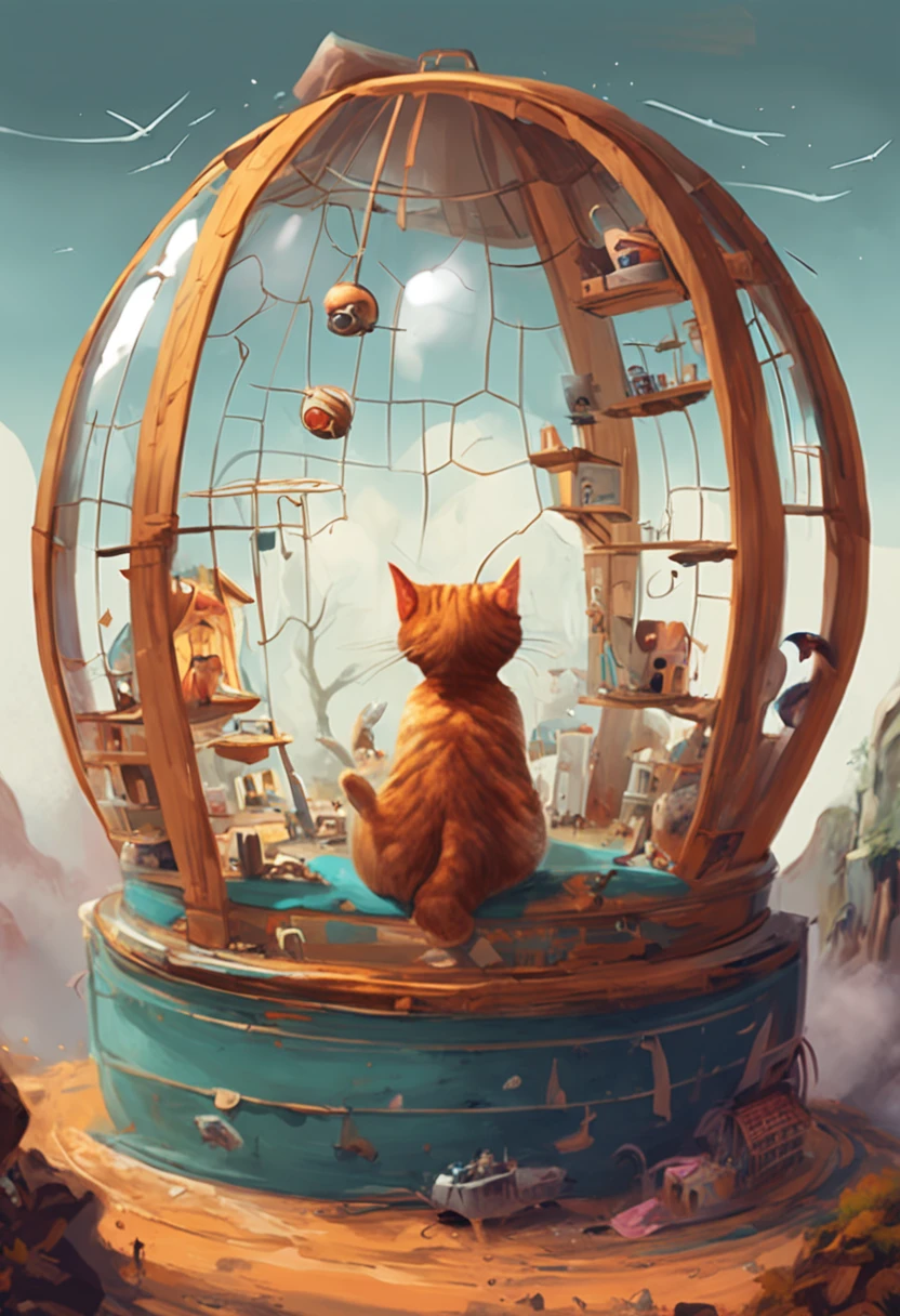 Young painter sitting inside a giant cage, landscape from another planet, cat playing with a snow globe, birds flying inside the globe