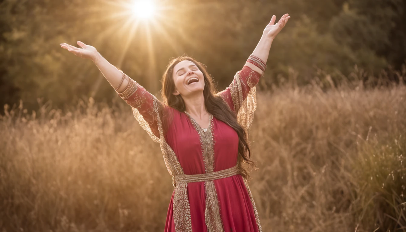 Samaritan woman praising God singing and dancing with rays of sunshine in the background