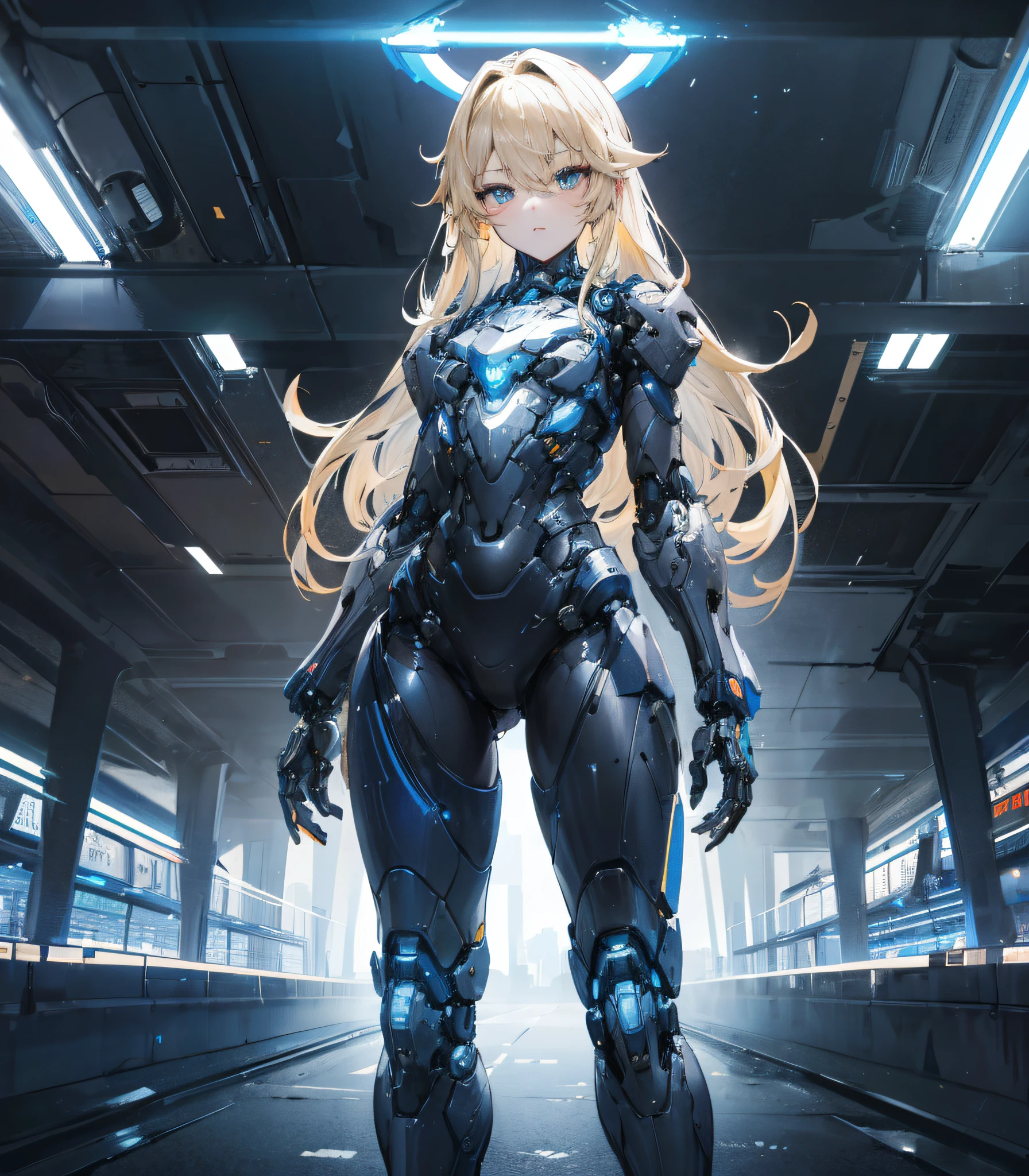 1girl, blonde, smooth hair, detailed face, cute, good anatomy, grey and black mech suit, standing underneath bridge, bright lights, blue light, futuristic city, high definition, good quality, professional made