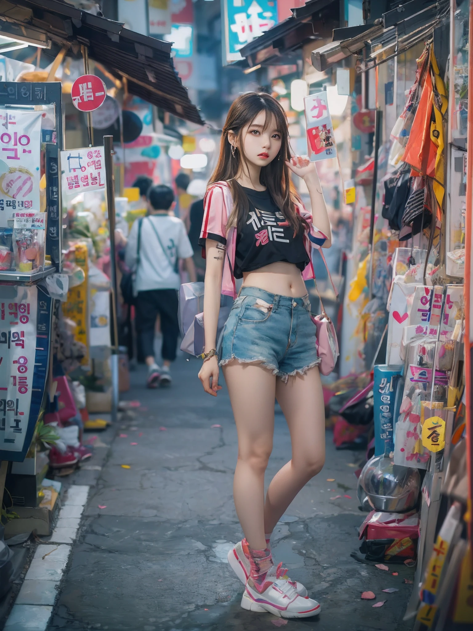 8k, top-quality, (pubic hair beauty)、hight resolution, realisticlying, realperson,Night city、The signboard is dazzling、Woman standing in front of a stall on a busy street、a picture inspired by Yuumei、Unsplash Contest Winner、真实感、a Korean girl、Ulzo、Beautiful Korean Woman、chinaese girl、Popular Korean Makeup、Korean Female Fashion Models、Popular Korean Makeup、Beautiful young Korean woman、Street fashion in the streets of Japan、Korean Women、japanese streetwear、shortpants、T-shirt that exposes the belly