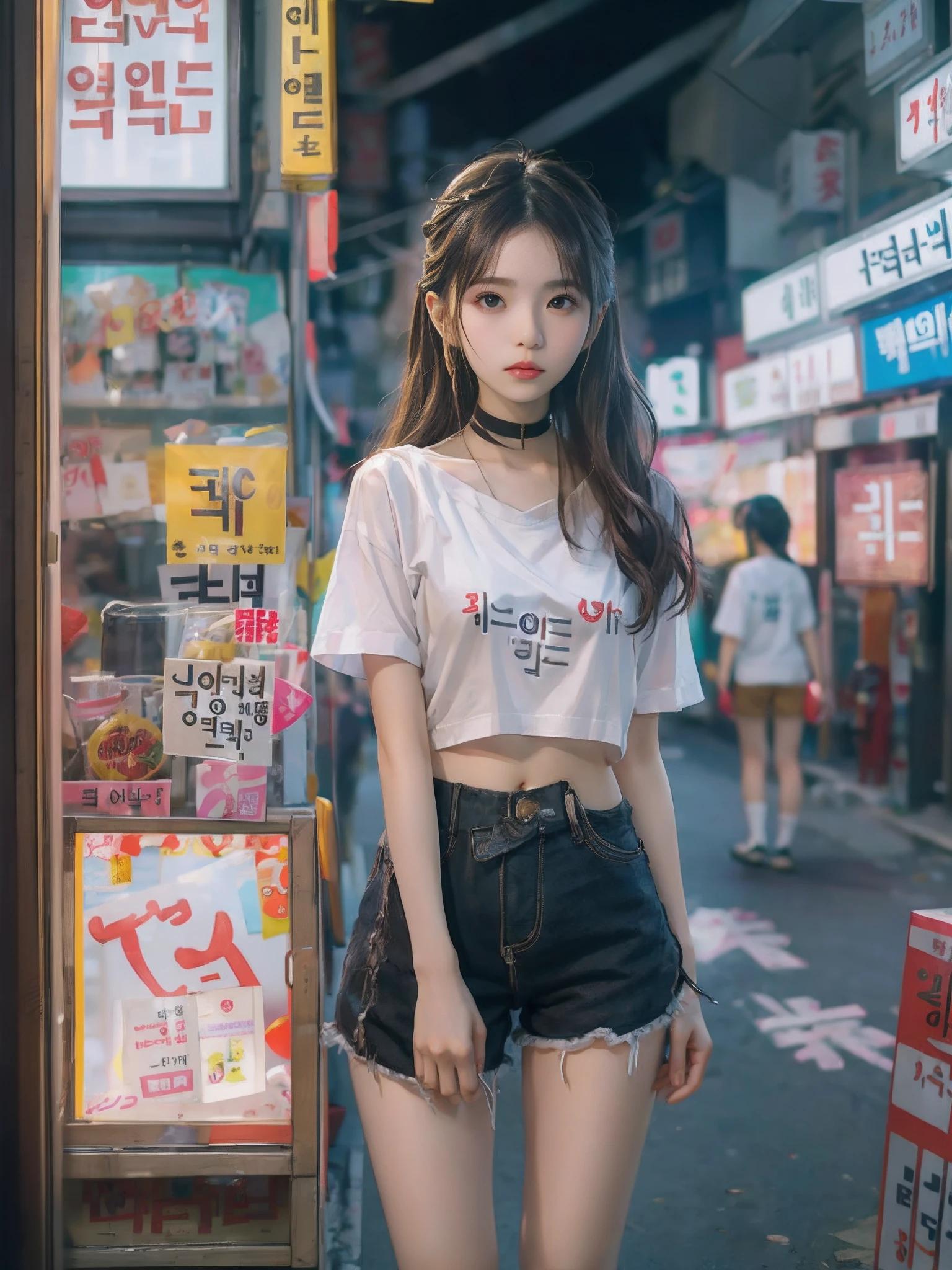 8k, top-quality, （pubic hair beauty）、hight resolution, realisticlying, realperson,Night city、The signboard is dazzling、Woman standing in front of a stall on a busy street、a picture inspired by Yuumei、Unsplash Contest Winner、真实感、a Korean girl、Ulzo、Beautiful Korean Woman、chinaese girl、Popular Korean Makeup、Korean Female Fashion Models、Popular Korean Makeup、Beautiful young Korean woman、Street fashion in the streets of Japan、Korean Women、japanese streetwear、shortpants、T-shirt that exposes the belly