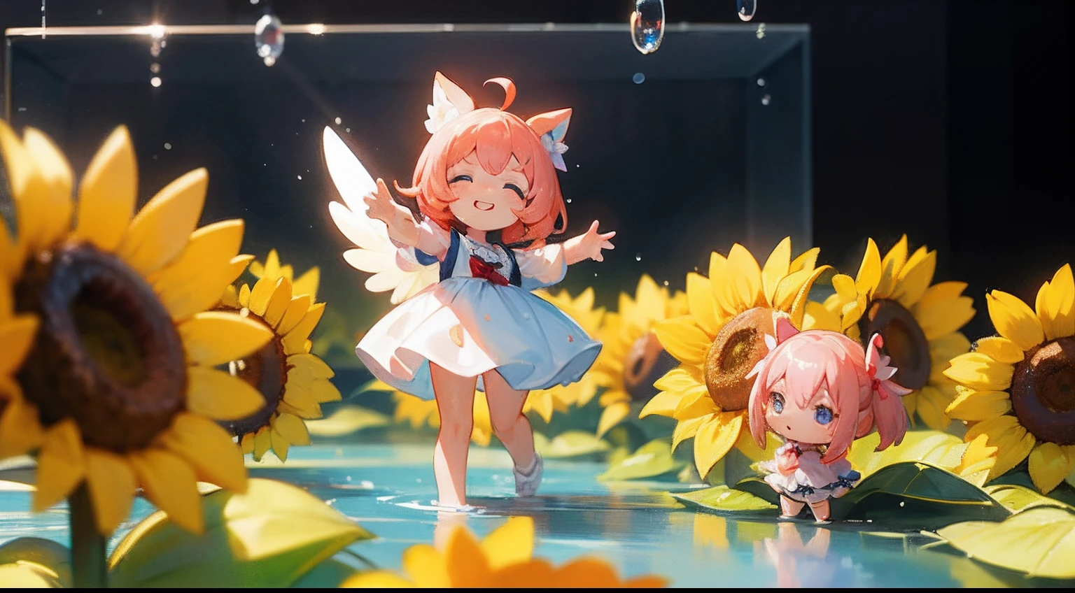photoRealstic、Top Text Says "Code Angel"、Doll standing in front of the painting、swim wears、laugh face、Water droplets on the cheeks、Selfie Pose、spreading arms widely、、Sengai、pixiv、rokoko、dollfie dream、watercolor Nendoroid、(High Definition Figure)、flowing sakura-colored silk、nendroid、write、There is also a flower in front of the nendroid、Sunflower petals、season!!: 夏☀ 🍂 ヒマワリ
