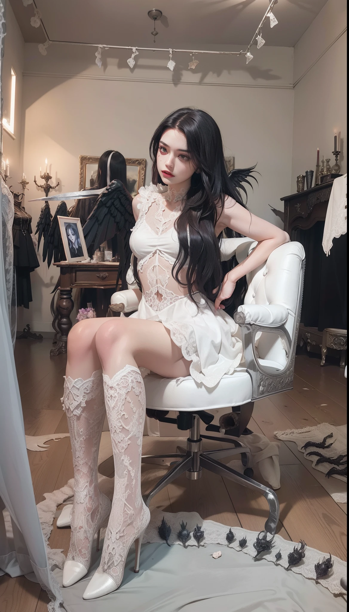 Fine matte paint，Skeleton Dark Angel, Haunted castle with large wings, Fill the drawing table with a knife，terroral，uncanny，horrid，secret terror，tentaculata，grape trees，The eye，uncanny valley effect teeth，all  fours，Critters，Blood Moon，8K，Delicate face，