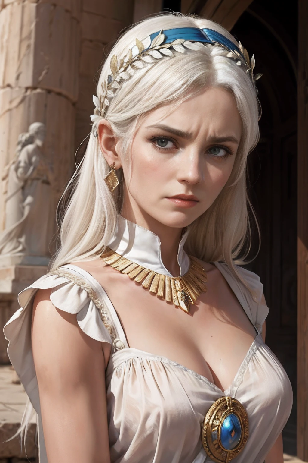 The image shows a stern looking slightly older woman with a pained look, her hair is white and has two big separate fringes, she is wearing a greek leaf headband, her royal greek tunic is white satin and it has greek patterns, she uses a jewel on her collar. The art is of heavy ancient Greek inspiration. The art is non-sexualized, the image is not a closeup as she is seen inside a brand new palace.