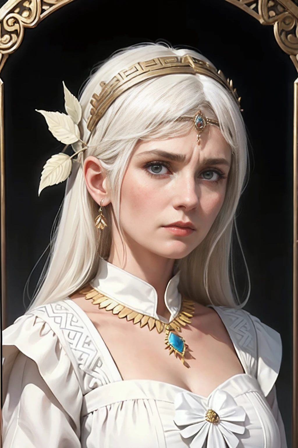The image shows a stern looking slightly older woman with a pained look, her hair is white and has two big separate fringes, she is wearing a greek leaf headband, her royal greek tunic is white satin and it has greek patterns, she uses a jewel on her collar. The art is of heavy ancient Greek inspiration. The art is non-sexualized, the image is not a closeup as she is seen inside a brand new palace.