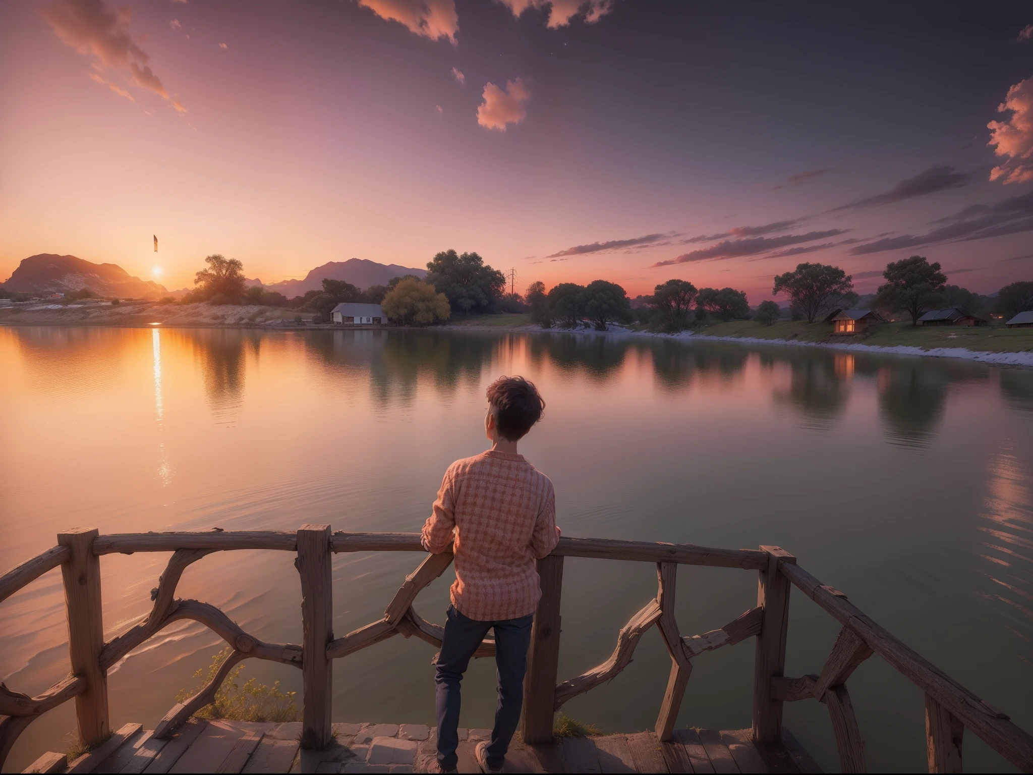 The sky above is a masterpiece of warm oranges, pinks, and purples, with the first stars beginning to twinkle as night approaches. The boy's outstretched arms convey a sense of openness and connection to the natural world around him. It's a moment frozen in time, capturing the beauty of nature and the pure joy of being in the presence of such breathtaking scenery.