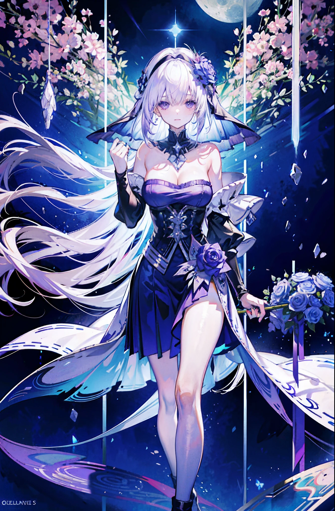 silber hair,butterflys,long whitr hair,8k wallpaper,detailedbackground,Highest high resolution,deep v big breasts,Hair covers one eye,Bandeau,Church background,Purple roses,tight-fitting,themoon,high-heels