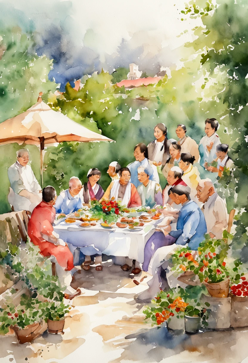 There were a lot of people standing around a table with food and drinks, Group photo of 12 people, Handsome, dinner is served, Family dinner, feast, everyone having fun, yiqiang and shurakrgt, Long table, anime party of friend of wisdom, delicacy