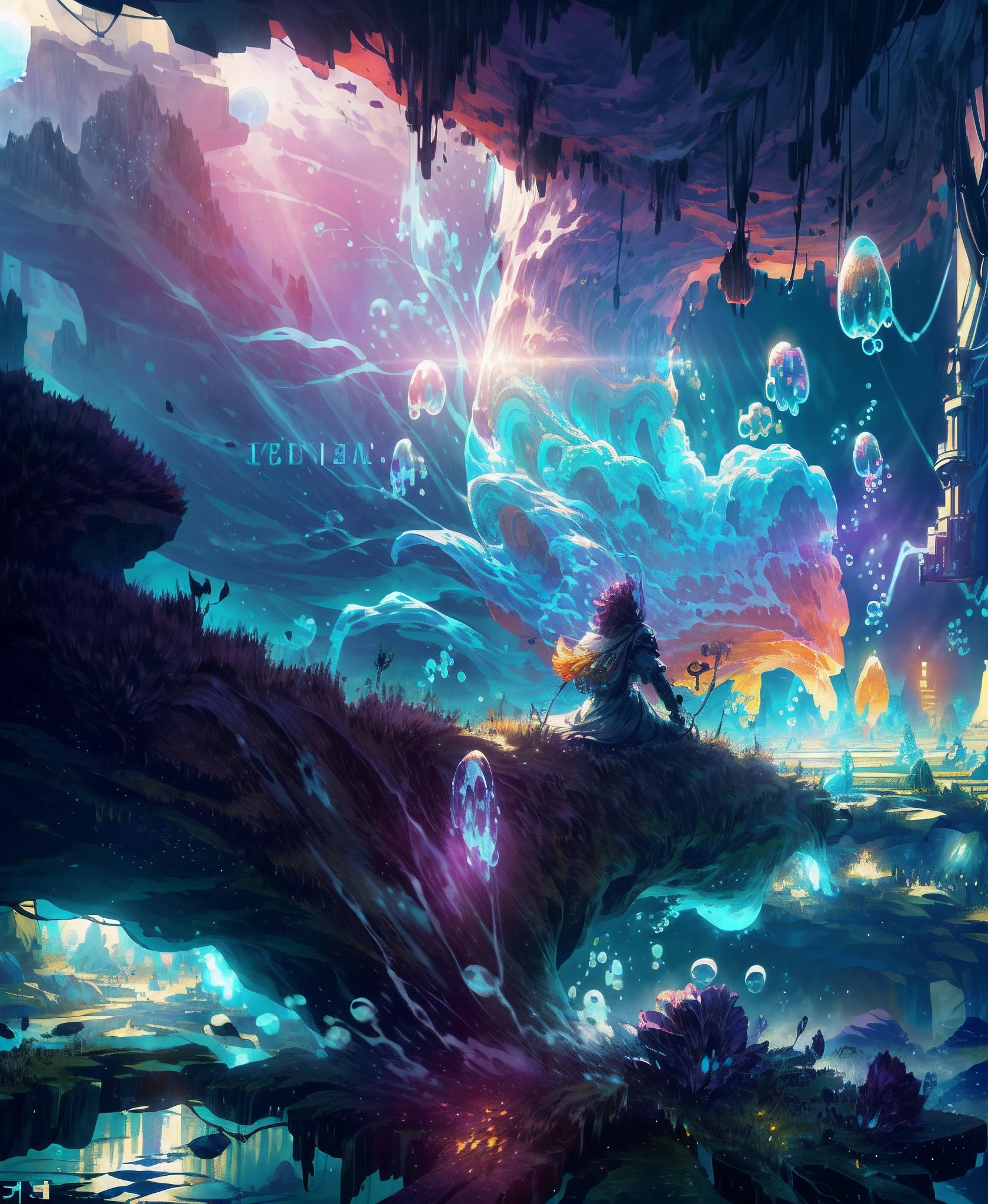 (Masterpiece), (Best Quality), (Official Art, Highly Detailed CG Unity 8k Wallpaper), (Very Detailed), (((Absurd)), 1 Girl, Midshot, (Exquisite Facial Features), (Serafuk: 1.3) ((SFW)), ((Clean Hands)), (White Neeso without shoes)), Aqua Eye, Colored Contact Lenses, Stars in the Eyes, (((((Colorful Bubbles)))), Colorful Glass, (Album cover) Vast landscape photo, (sky up, field below), girl standing in a flower field and looking up, (full moon: 1.2), (meteor: 0.9), (nebula: 1.3), distant mountains, trees BREAK craft art, (warm light: 1.2), (fireflies: 1.2), lights, lots of purple and orange, intricate details, voluminous lighting, realism BREAK (masterpiece (Best Quality), 4k, Ultra Detail, (Dynamic Composition: 1.4), Very Detailed, Colorful Details, (Rainbow Color: 1.2), (Glow Lighting, Atmospheric Lighting), Dreamy, Magical, (Solo: 1.2)