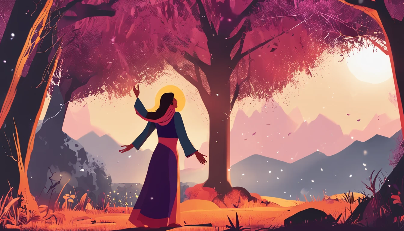 Samaritan woman praising God singing and dancing with rays of sunshine in the background