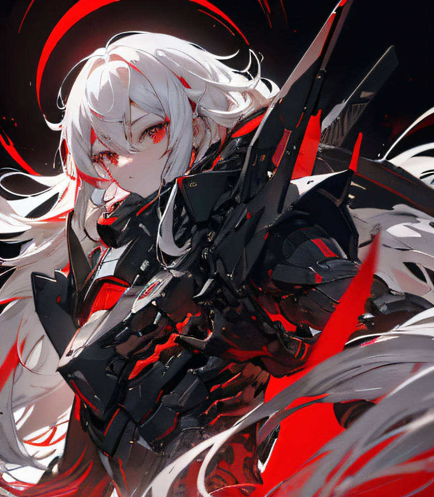 girl, long white hair, rectangular eye cover, pure black mech suit, red lines, red and black background, red circles, dignified, high quality, absurdres, highres, professionally made, cinematic, perfection