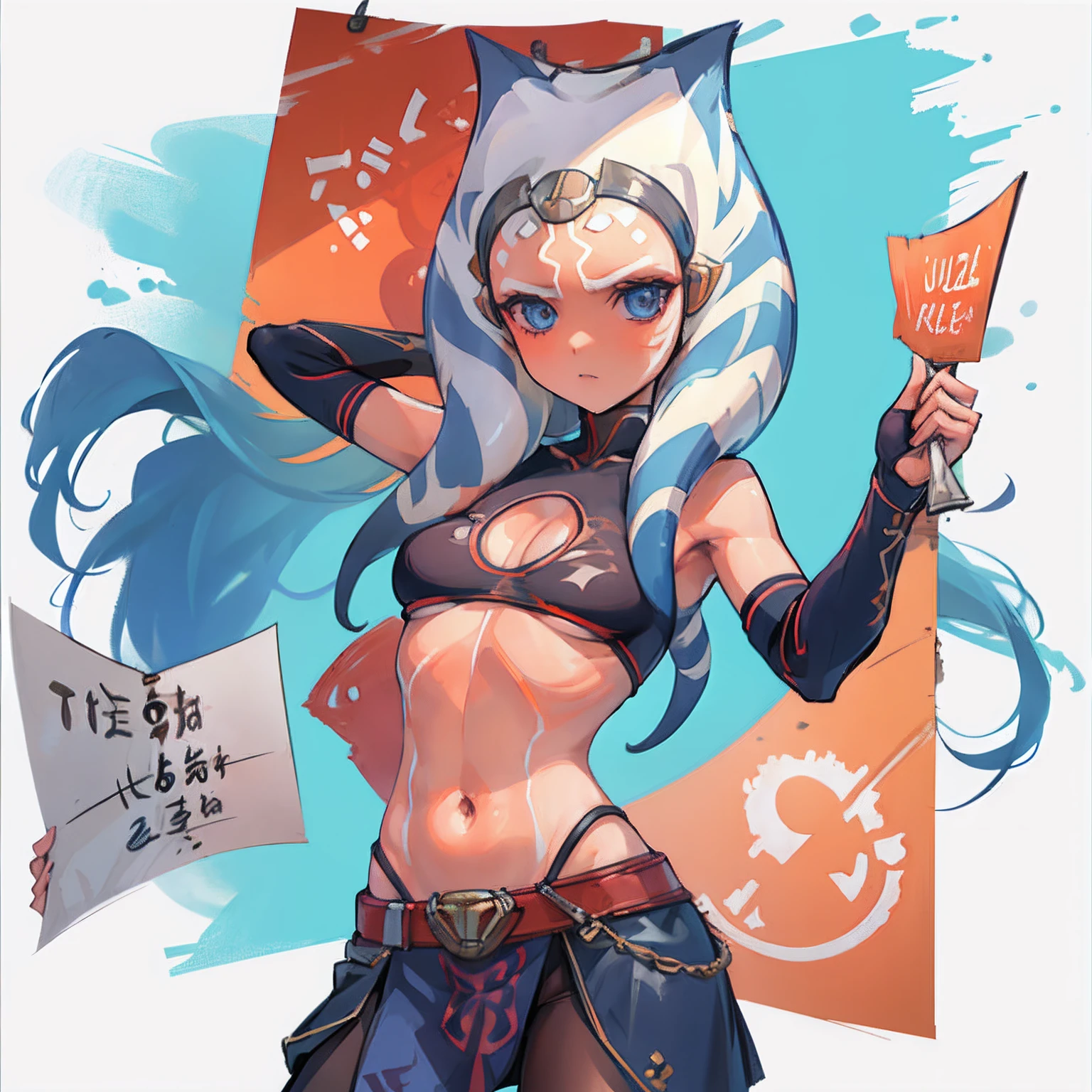 1girl, ojos azules, piel de naranja, tentacle hair, poster, cuerpo entero,viendo a su izquierda, volteada, de lado