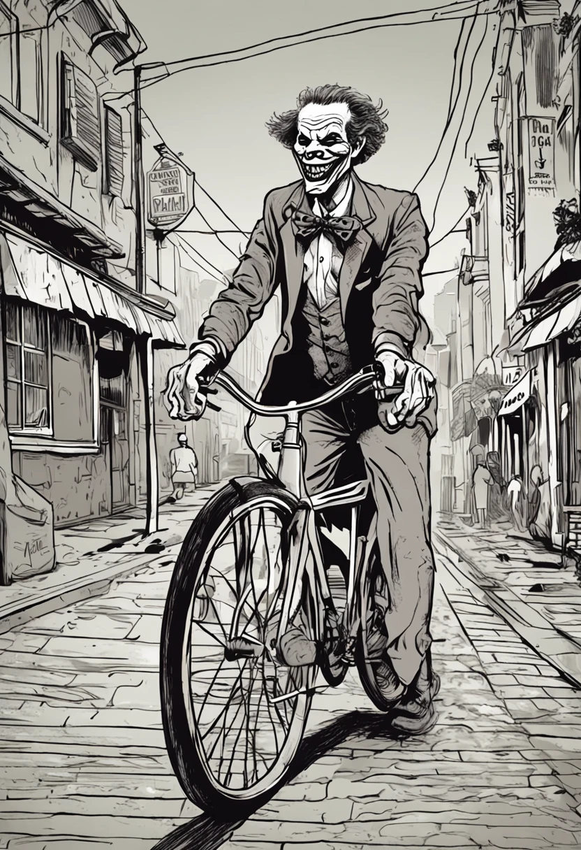 A imagem mostra uma cena inusitada do "coringa" in a relaxed moment, andar de bicicleta. This depiction creates a startling contrast between the joker's chaotic personality and the peaceful activity of cycling.
The Joker is dressed in his signature costume, mas de uma maneira mais casual, como se estivesse aproveitando um dia de folga. His face displays a wry and enigmatic smile, como de costume, adding a dash of mystery to the scene.
He holds the handlebars of the bike with one hand, while the other hand is in the air, como se estivesse se divertindo e causando um certo caos mesmo enquanto pedala.
The background of the image presents an urban setting, with buildings and roads, sugerindo que o coringa esteja pedalando pelas ruas da cidade.
The predominant colors are shades of purple, verde e vermelho, that are associated with the joker. Essa paleta de cores adiciona um toque de familiaridade ao mesmo tempo que contrasta com a cena inesperada.
Essa imagem cria uma cena divertida e intrigante ao mostrar o Coringa em uma atividade incomum. It evokes a smile and a sense of surprise, inviting the viewer to contemplate the complexity and unpredictability of this iconic character.