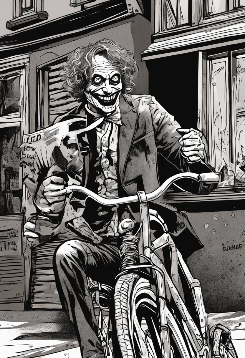 A imagem mostra uma cena inusitada do "coringa" in a relaxed moment, andar de bicicleta. This depiction creates a startling contrast between the joker's chaotic personality and the peaceful activity of cycling.

The Joker is dressed in his signature costume, mas de uma maneira mais casual, como se estivesse aproveitando um dia de folga. His face displays a wry and enigmatic smile, como de costume, adding a dash of mystery to the scene.

He holds the handlebars of the bike with one hand, while the other hand is in the air, como se estivesse se divertindo e causando um certo caos mesmo enquanto pedala.

The background of the image presents an urban setting, with buildings and roads, sugerindo que o coringa esteja pedalando pelas ruas da cidade.

The predominant colors are shades of purple, verde e vermelho, that are associated with the joker. Essa paleta de cores adiciona um toque de familiaridade ao mesmo tempo que contrasta com a cena inesperada.

Essa imagem cria uma cena divertida e intrigante ao mostrar o Coringa em uma atividade incomum. It evokes a smile and a sense of surprise, inviting the viewer to contemplate the complexity and unpredictability of this iconic character.