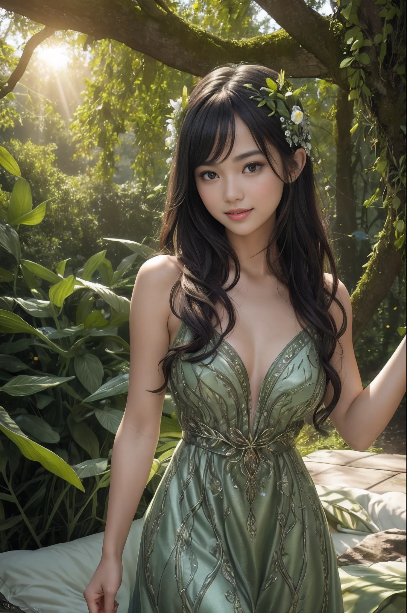 of the finest quality, masterpiece, Ultra High Resolution, (Photorealistic: 1.4), Unprocessed image, Raven hair, Lustrous complexion, 1 Nature Nymph, (incredibly lifelike features)), Full form, Natural Illumination, Contrast-rich, shadowy, Sunlight Rendering, 8K, razor-sharp, Revealed cleavage, Unadorned skin, Stone, Detailed leafy embellishments, Nature-inspired details, intricately designed, Realistic sunlight, Trends in Natural Art, Facing the sun, Bioluminescent details, Organic limbs, Sap vessels connected to vines, Natural spine fused to the trunk, Organic neck attachment to the stem, Vines and roots intertwining at the crown, Firefly lights, Silver tendrils, Perfectly round seedlings, Towering petals, joyful smile, summer attire, maiden, dynamic, sexy pose, summer dress, small breasts, vibrant, in bed, upper body naked