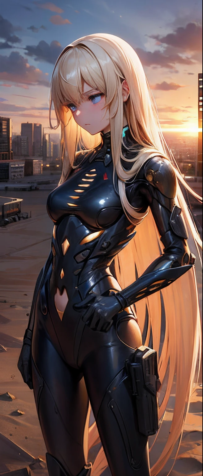 best quality,masterpiece,girl with a powered exoskeleton,extremely long hair,spreading hair,ivory hair,wet,1 girl,hair strand,Fair skin,blunt bang,looking down,ruined city,sand dancing,desert,(evening),sunset,(whole body),gunshot wound,pain,turn around,hurt,hers body full of scars,battered body,holding handgun,(clothes are torn),injured