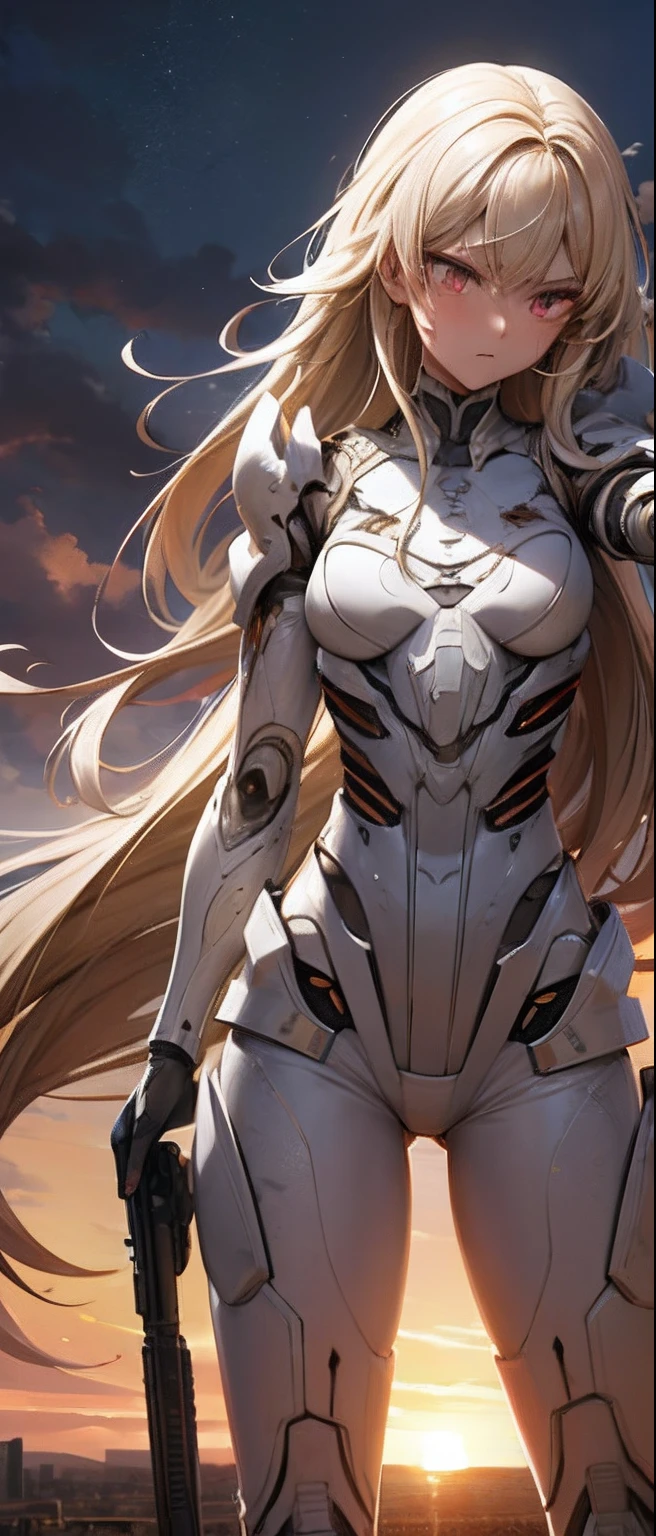 best quality,masterpiece,girl with a powered exoskeleton,extremely long hair,spreading hair,ivory hair,wet,1 girl,hair strand,Fair skin,blunt bang,looking down,ruined city,sand dancing,desert,(evening),sunset,(whole body),gunshot wound,pain,turn around,hurt,hers body full of scars,battered body,holding handgun,(clothes are torn),injured