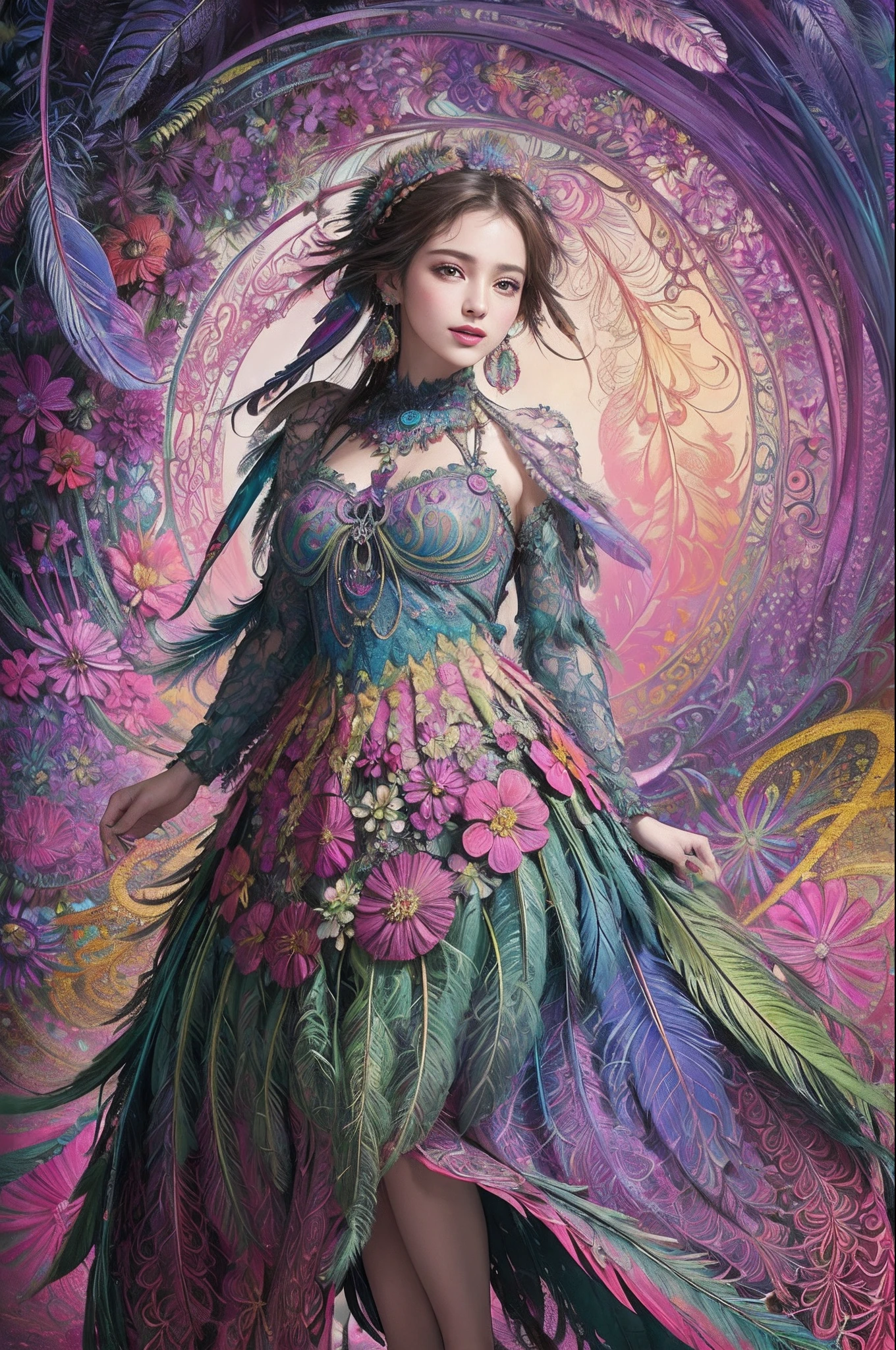 (masterpiece, top quality, best quality, official art, beautiful and aesthetic:1.2), (1girl:1.3), extremely detailed,(fractal art:1.1),(colorful:1.1)(flowers:1.3),highest detailed,(zentangle:1.2), full body, (abstract background:1.3), (shiny skin), (many colors:1.4), ,(earrings), (feathers:1.5), light smile