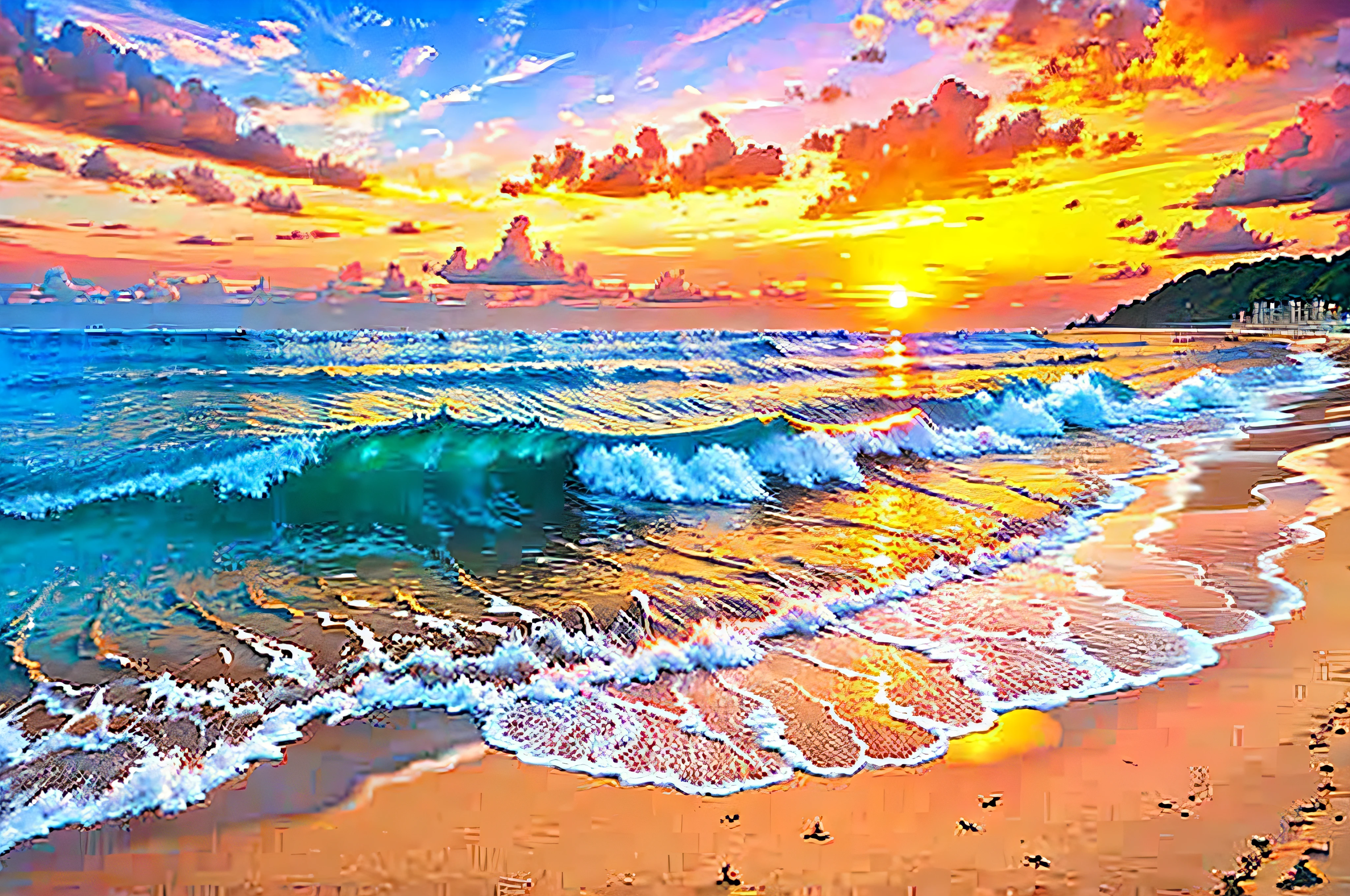 Enchanting sunset over the beach、evening glow、Orange, pink and yellow mix to fill the blue sky。White sandy beaches、Dynamic and breathtaking views。