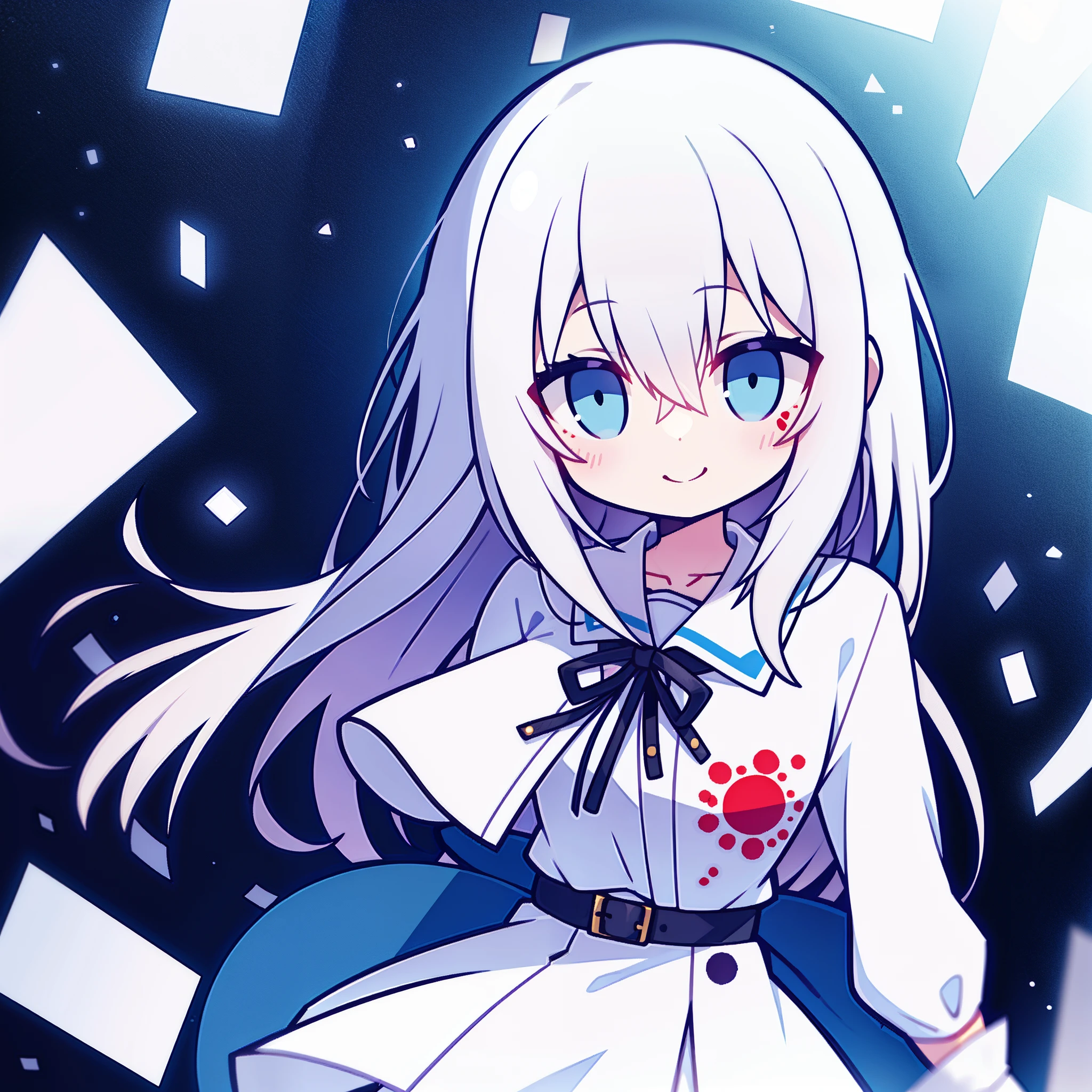 one-girl，ssmile，Blood splattered on the face，whaite hair，mid - length hair，Light blue eyes，White silk shirt，White midi skirt