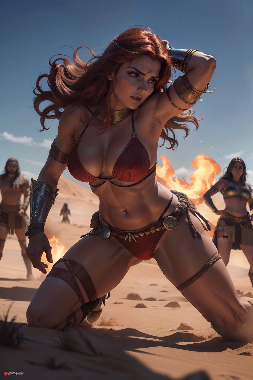 Red Sonja, mulher guerreira, cabelos longos, ruivos, olhos selvagens, voluptuosa, athletic, usando uma cota de malha prateada cobrindo os seios, tanga curta feita de pele animal,botas de couro bordado envelhecido, suando,em uma batalha mortal contra seus inimigos Khitaneses no deserto da Hirkania. film composition photography, Very detailed, extremely high-resolution, cor profissional, luz maravilhosa, luz do dia, 300k resolution, altamente realista, muitos detalhes.