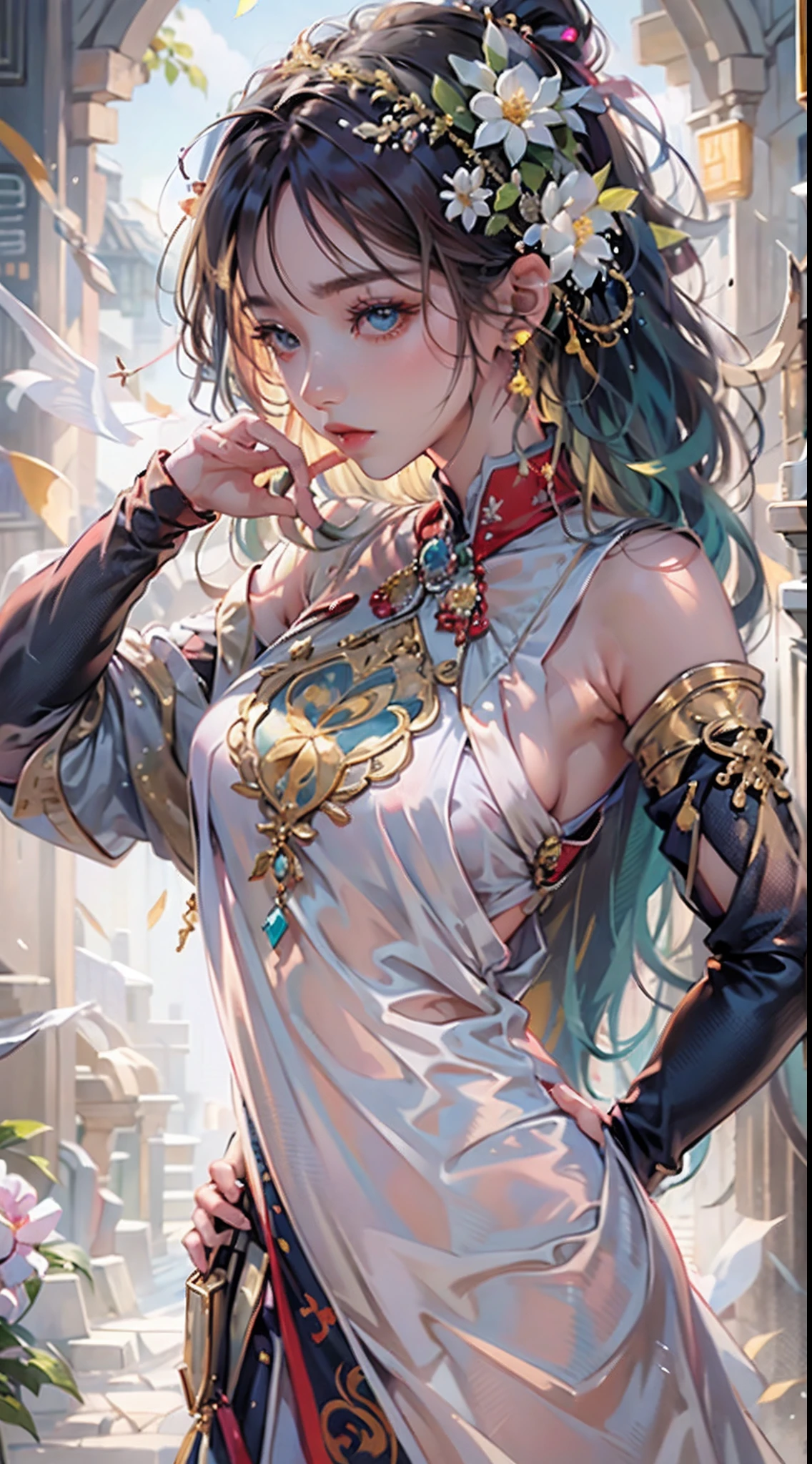 (tmasterpiece,best qualtiy,realisticlying:1.37),(Complex and sophisticated,Highly detailed skin and face),(1girll),独奏,standing on your feet,a beauty girl,Tibetan clothing,Colorful costumes, Fleece collar, Padded collar,High-end Tibetan clothing,Cumbersome Tibetan costume design,Warm clothing,Silk dress, hair adornments, Neck accessories, Dress jewelry, Arm and thigh jewelry, Goddess foot ornament, Mystery jewelry, (Upper body portrait: 1.9) , Hanging arms, Sexy and seductive zodiac goddess , (space: 1.8), (milky ways: 1.7), aurora, Lightning, (Aurorabackground: 1.8), Beautiful eyes, beautiful eyes photo, the goddess of beauty and flowers, Fantasy magic lighting effects,