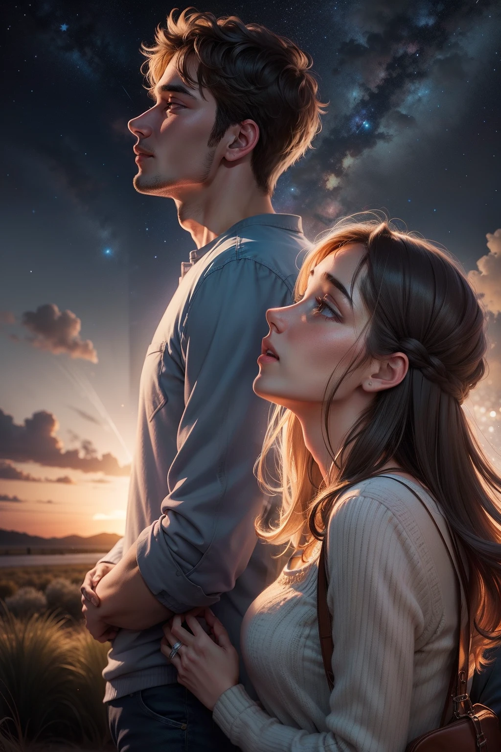 Adult couple looking up at the starry sky