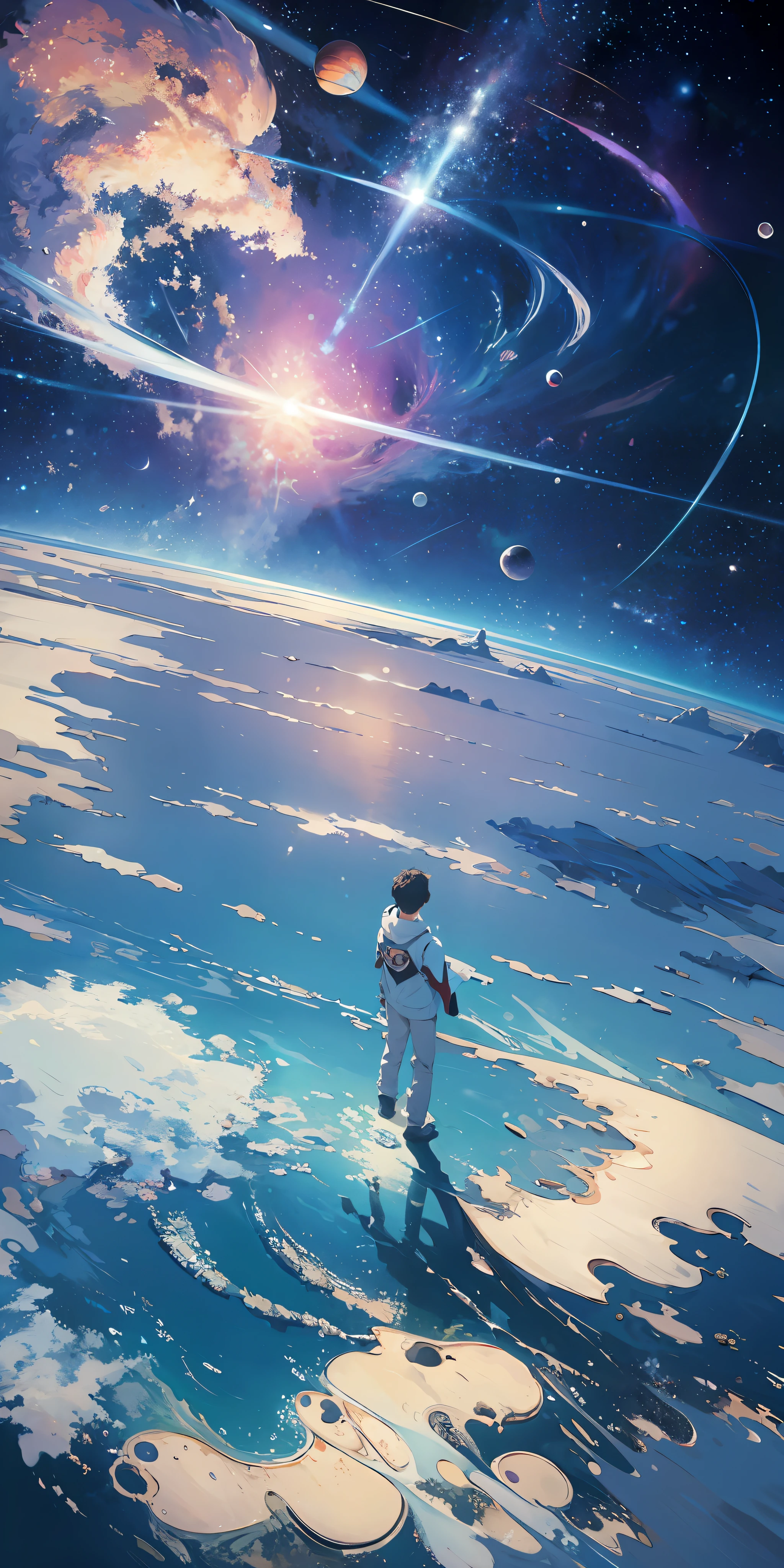 ridiculous resolution, high resolution, (masterpiece:1.4), super detailed, 1boy, seen from above, space, floating, --v 6