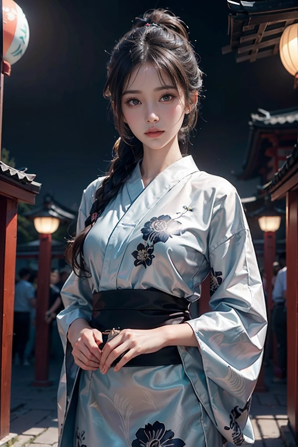 电影灯光，(((tmasterpiece))), ((best qualtiy)), ((intricate and detailed)), ((Ultra-realistic realism)), 4K,1beautiful woman, 25-years old, poneyTail,Ultra-fine yukata,beautiful countenance,Beautiful brown eyes,face perfect,A slender,large full breasts,having a good time, Large fishbowl , Swirling flocks of goldfish, Floating goldfish, Graphic illustration, see fishes swimming,A lot of goldfish, amazing depth, Cutest, Lots of fish balls,Goldfish scooping at a summer festival, (The background is the summer festival of the shrine:1.4), Silver hair, split ponytail, star-shaped pupils, conceptual art, Art Nouveau, Glowing light, nffsw, Textured skin, masutepiece, Anatomically correct, Best Quality, 8K