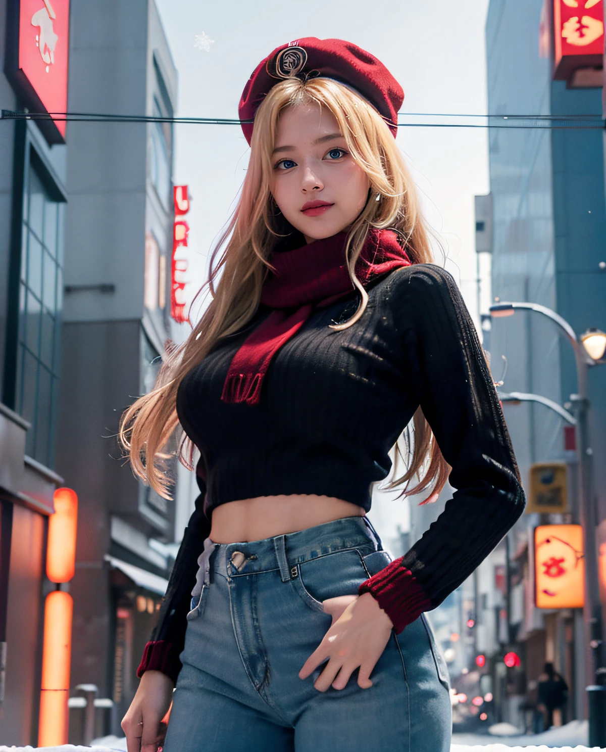1girl, (Blue Eyes), smiling, (Sana Minatozaki), wide hips, Big Boobs, big ass, (Best Quality, 8k, Masterpiece: 1.3), Clear Focus: 1.2, Perfect Body Beauty: 1.4 , Slender Abs: 1.2, Highly detailed face and skin texture, detailed eyes, double eyelids, red lips, (blonde long hair), (long sleeve red sweater :1.2), (black jeans :1.2), scarf, cloth hat, standing, dinamyc pose, (in a snowy tokyo neighborhood illuminated by neon signs), tokyo tower in the background