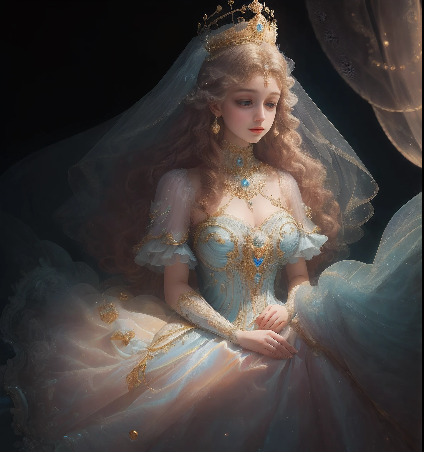 tmasterpiece，Highest high resolution，detailed detail，1 Princess, dress, Soft light on the background, Blue, Pastel, Dreamy, Whimsical, Delicate, Gorgeous golden shell crown, Epic surrealism, The upper part of the body，Meticulous, Magnificent, max details, extremely hyper aesthetic，upscaled