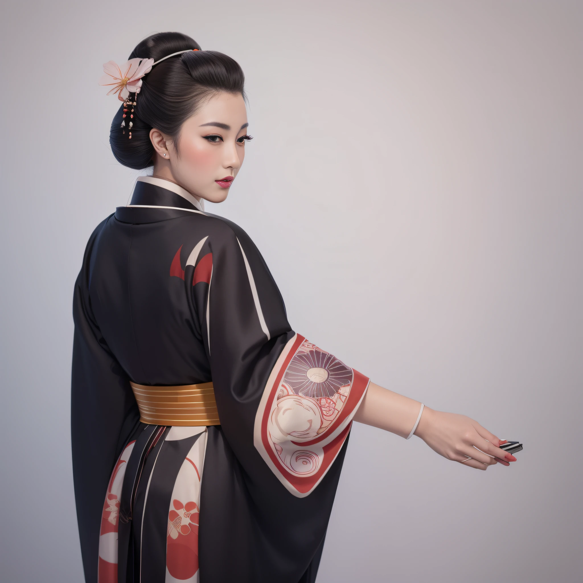 Araffe dressed in a kimono with a fan and a flower in her hair, Elegant Japanese woman, Geisha portrait, Portrait of a beautiful geisha, Japanese geisha, Portrait of a geisha, Glamorous and sexy geisha, Skilled Japanese geisha, Beauty geisha, female geisha girl, a beautiful art illustration, Japanese woman, geisha.
