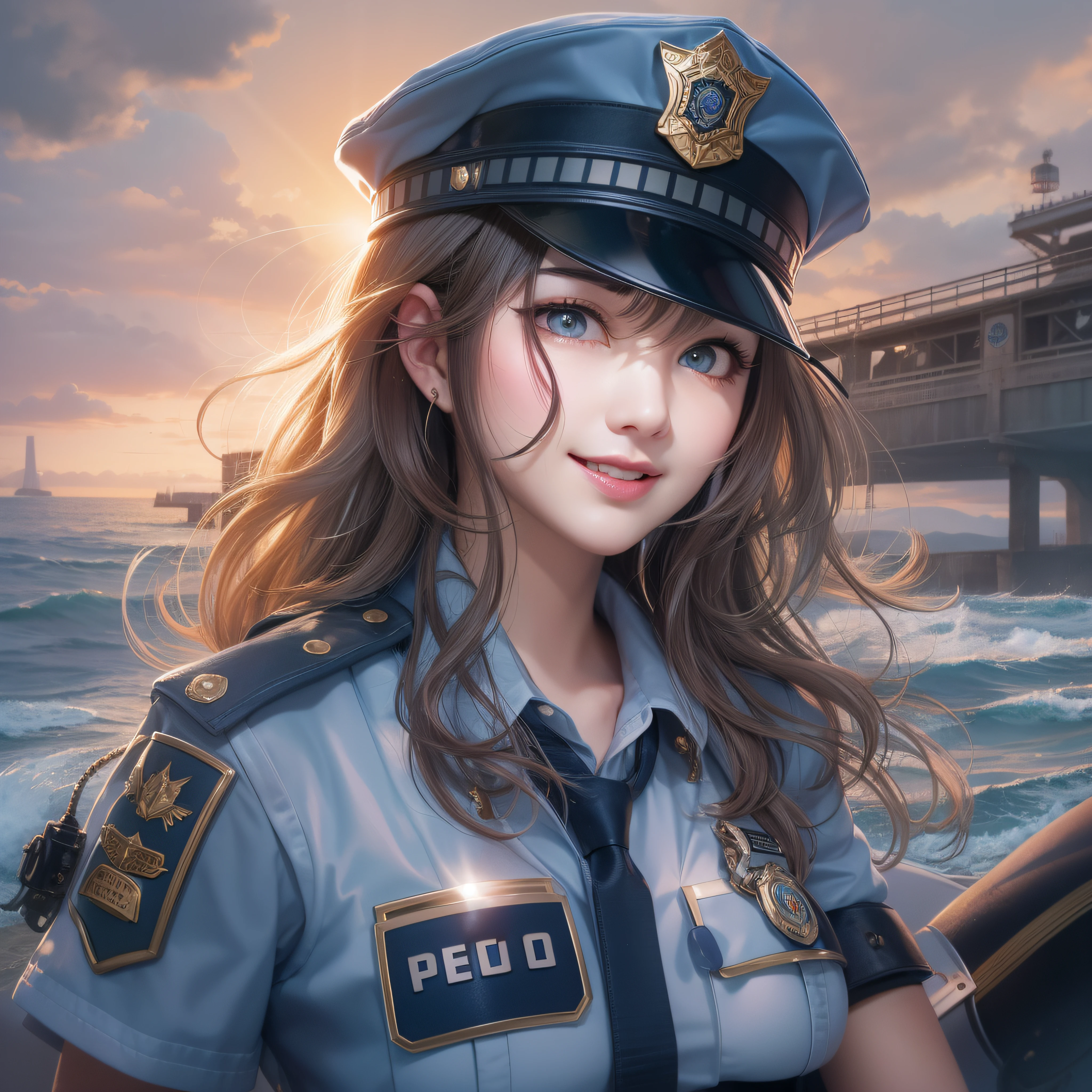 Close up of a smile with the corners of the mouth raised、police officers、Police Officer Costume、Cosplay、(realisitic、hight resolution)、(1 girl in)、Nurse、Do-Up Eye、Korean Girl、(Best Quality), (masutepiece), (1girl in), Solo, a beauty girl, Perfect face, Big Breast,dreamlikeart、Highly detailed airbrush art((Surreal))、Volumetric lighting、(top-quality)、The ultra-detailliert、(The composition of the movement:1.4)、Highly detailed colorful details、(Bright lighting)、dynamic compositions、Ray traching、The mirror reflects light、Shallow depth of field、ultra-detailliert、mixing  exposure、nffsw、Her eyes are shining、Staring at the sea of police officers。Her police officer face is full of anticipation and courage for a police officer.、A smile appears on the lips of a police officer。 At the rear、The sun is slowly tilting to the west。Its light brings nurse light to the sea surface、The swaying waves create a beautiful scene。Her eyes clearly shine on the police officer。
