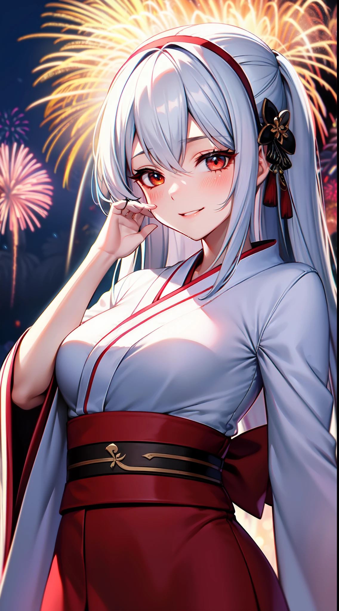 Long gray hair、Cat ears are big、Women with large breasts、Summer Festival of Yukata、Fireworks are beautiful in the night sky、Rainbow Bridge、Lick cotton candy deliciously、Glitter and beautiful、Shooting star and rainbow co-starring