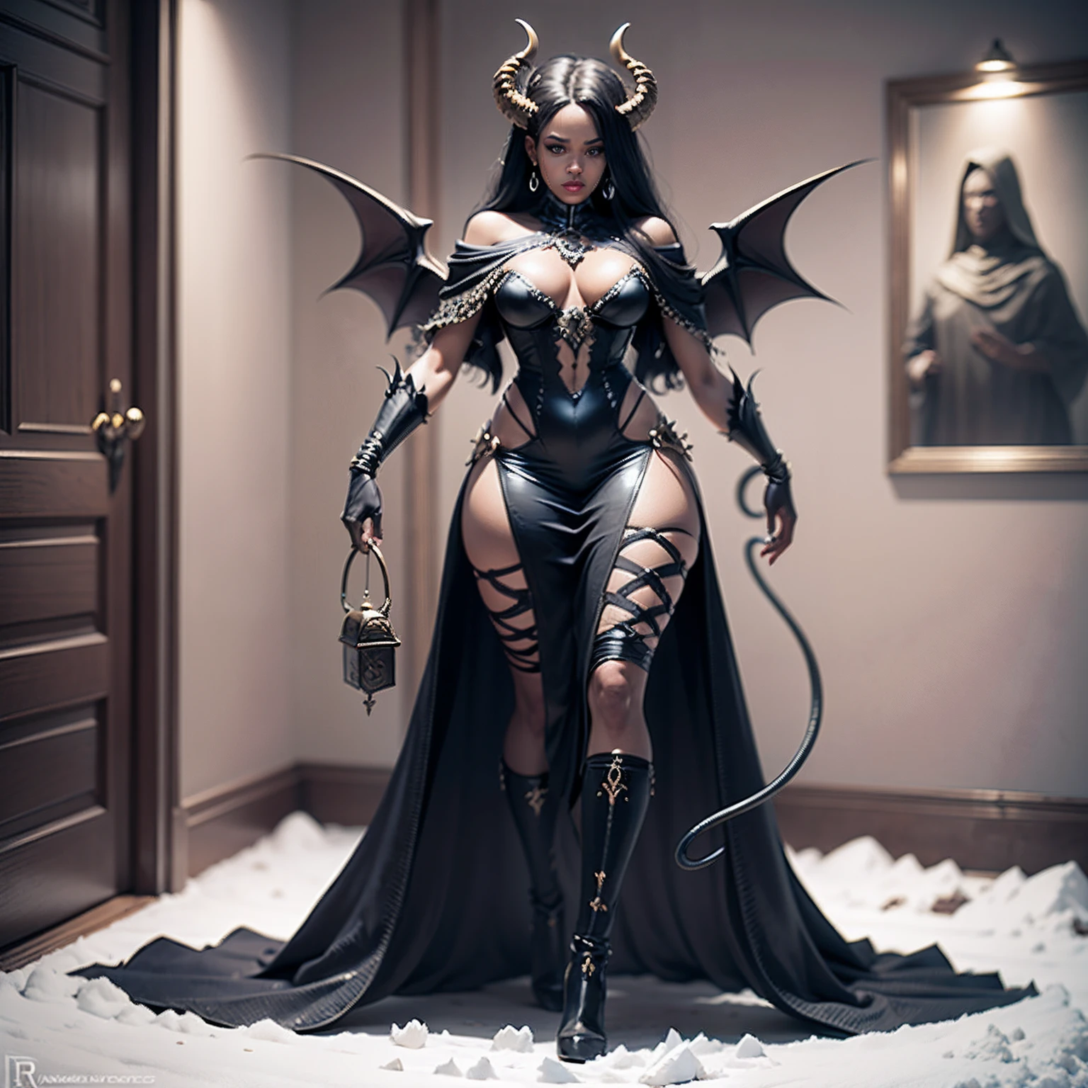 create a demon, full body character design, rudi giger, full body shot, yoruba, dark fantasy, hyperrealistic, snow sculpture, cinematic lighting, lucifer, afrocentric interior design, macabre outfit, ☦️, hell, devil, black woman, crone, sem duas cabeças, sem defeitos nas mãos