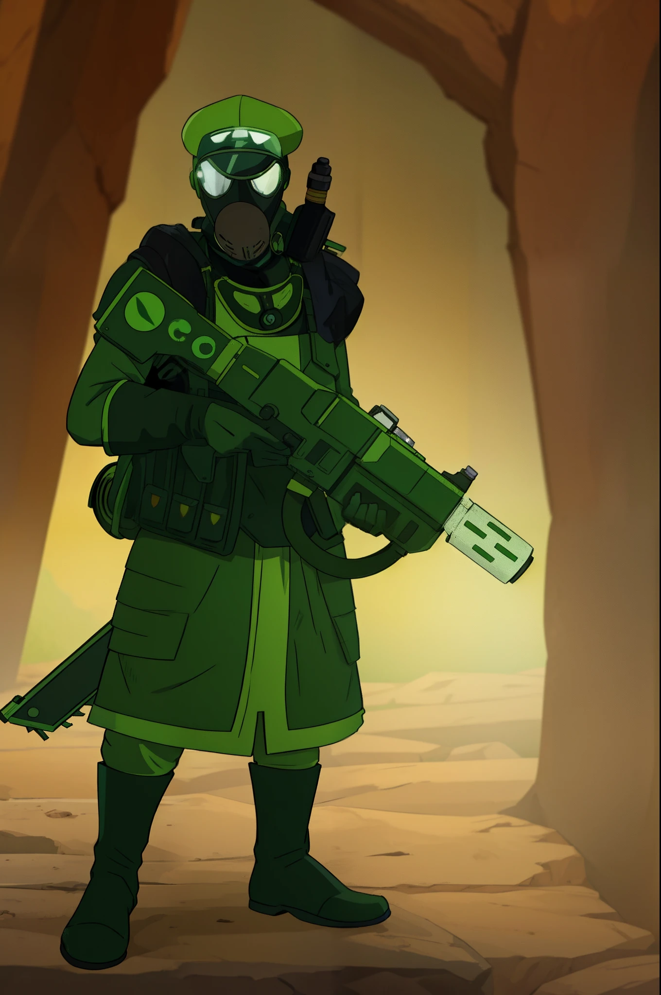 um homem, trajado de um uniforme verde, segurando uma arma verde com ponta vermelha e cabo de madeira, botas pretas, quepe militar, gas mask covering the whole face red lenses