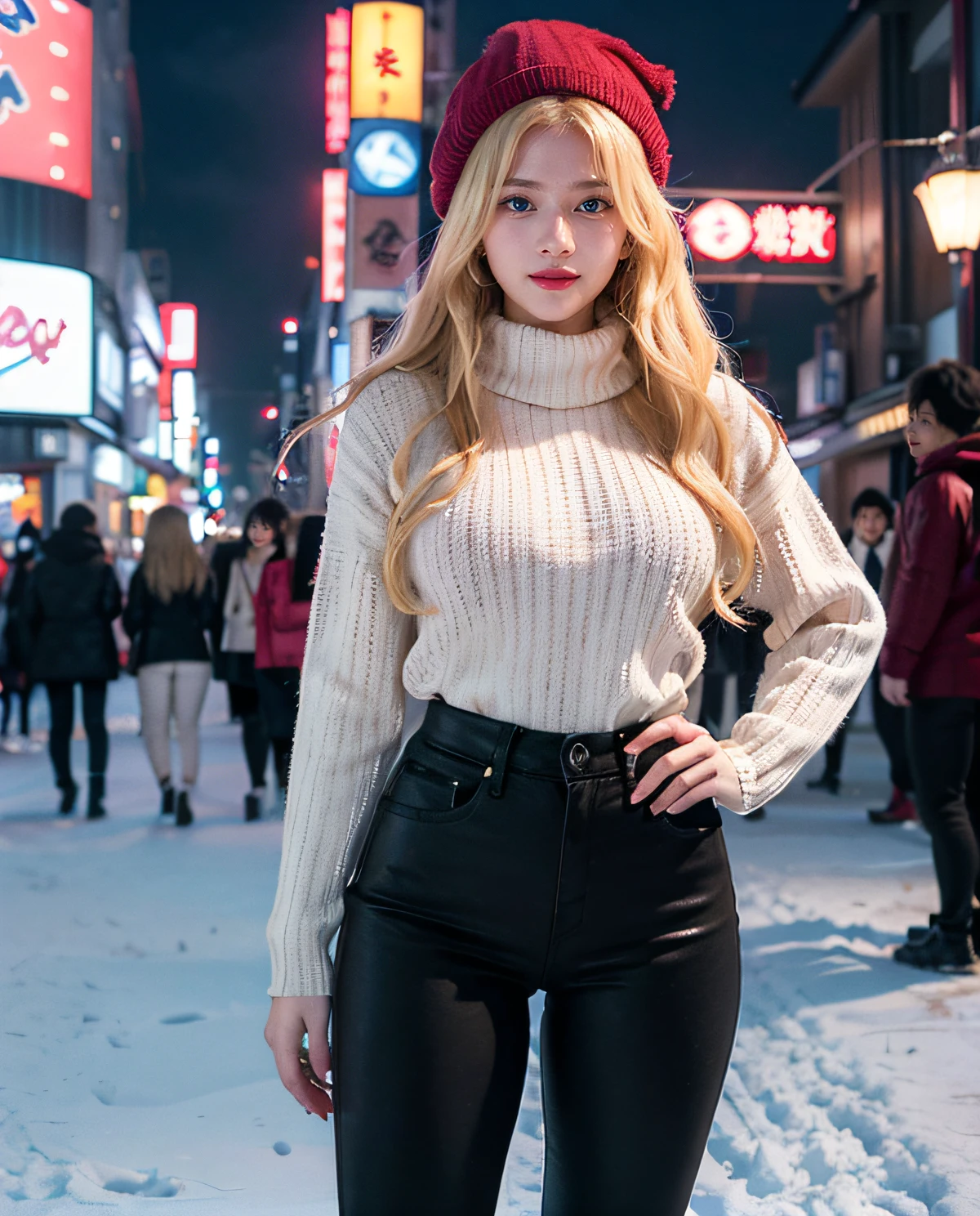 1girl, (Blue Eyes), smiling, (Sana Minatozaki), wide hips, Big Boobs, big ass, (Best Quality, 8k, Masterpiece: 1.3), Clear Focus: 1.2, Perfect Body Beauty: 1.4 , Slender Abs: 1.2, Highly detailed face and skin texture, detailed eyes, double eyelids, red lips, (blonde long hair), (long sleeve red sweater :1.2), (black jeans :1.2), scarf, cloth hat, standing, dinamyc pose, (in a snowy tokyo neighborhood illuminated by neon signs), tokyo tower in the background